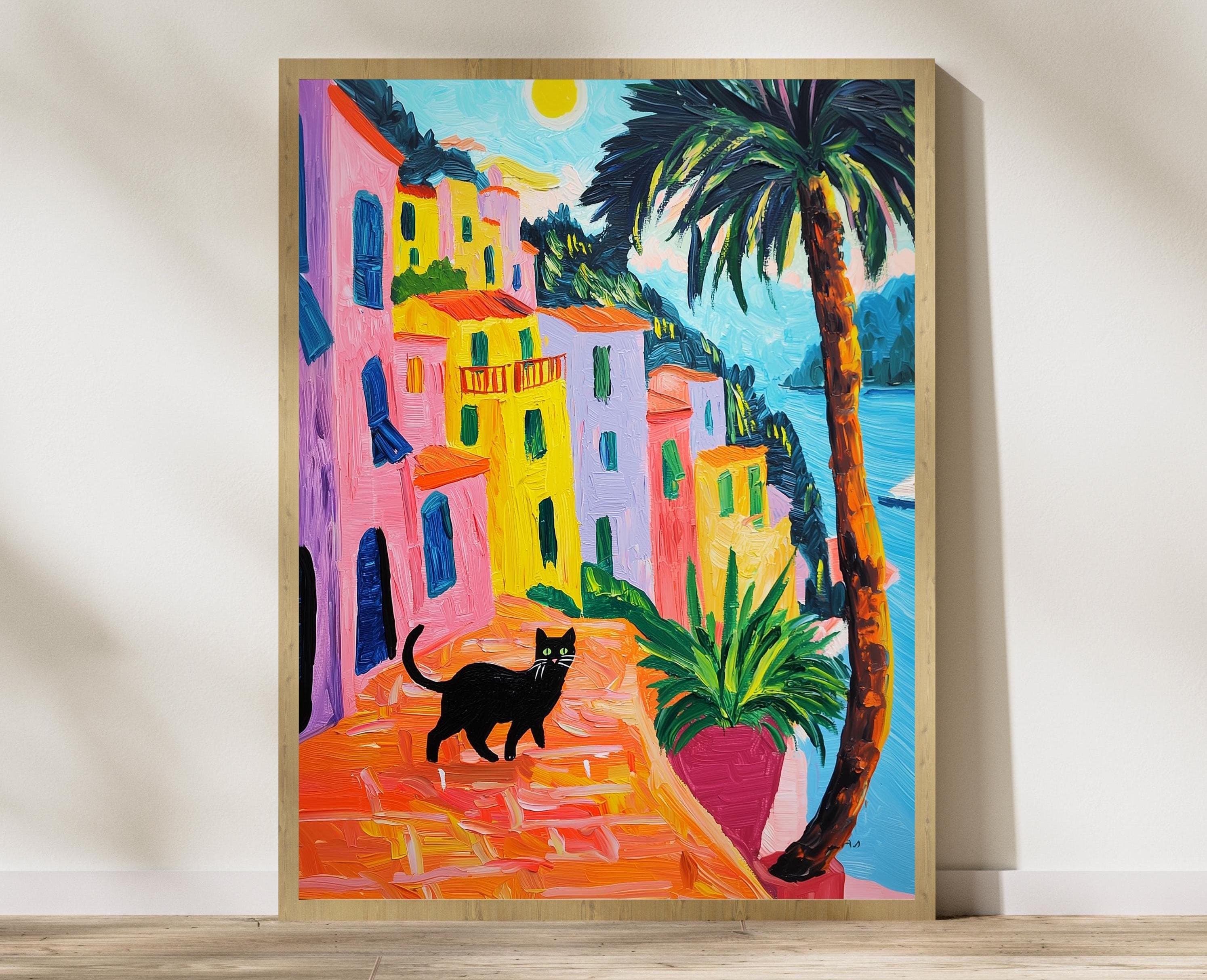 Portofino Print, Cat Print, Beachy Wall Art, Coastal Wall Art, Oil Painting Printable Wall Art, Cat Painting Summer Decor Nautical Wall Art
