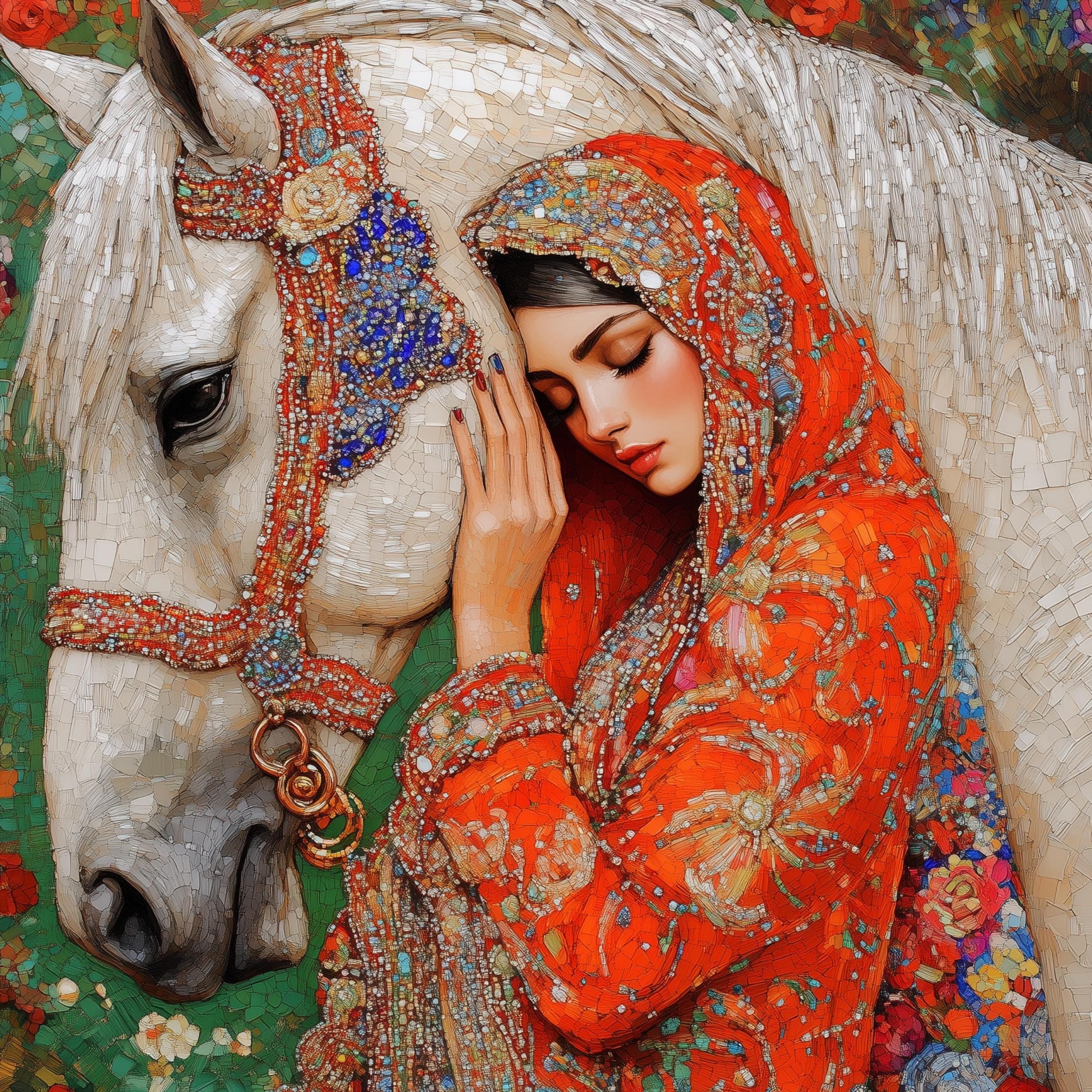 Colorful Mosaic Horse and Woman Art, Mosaic Style Wall Art, Romantic Mosaic Art, Bohemian Wall Decor, Digital Mosaic Print, Mosaic Art - view 2