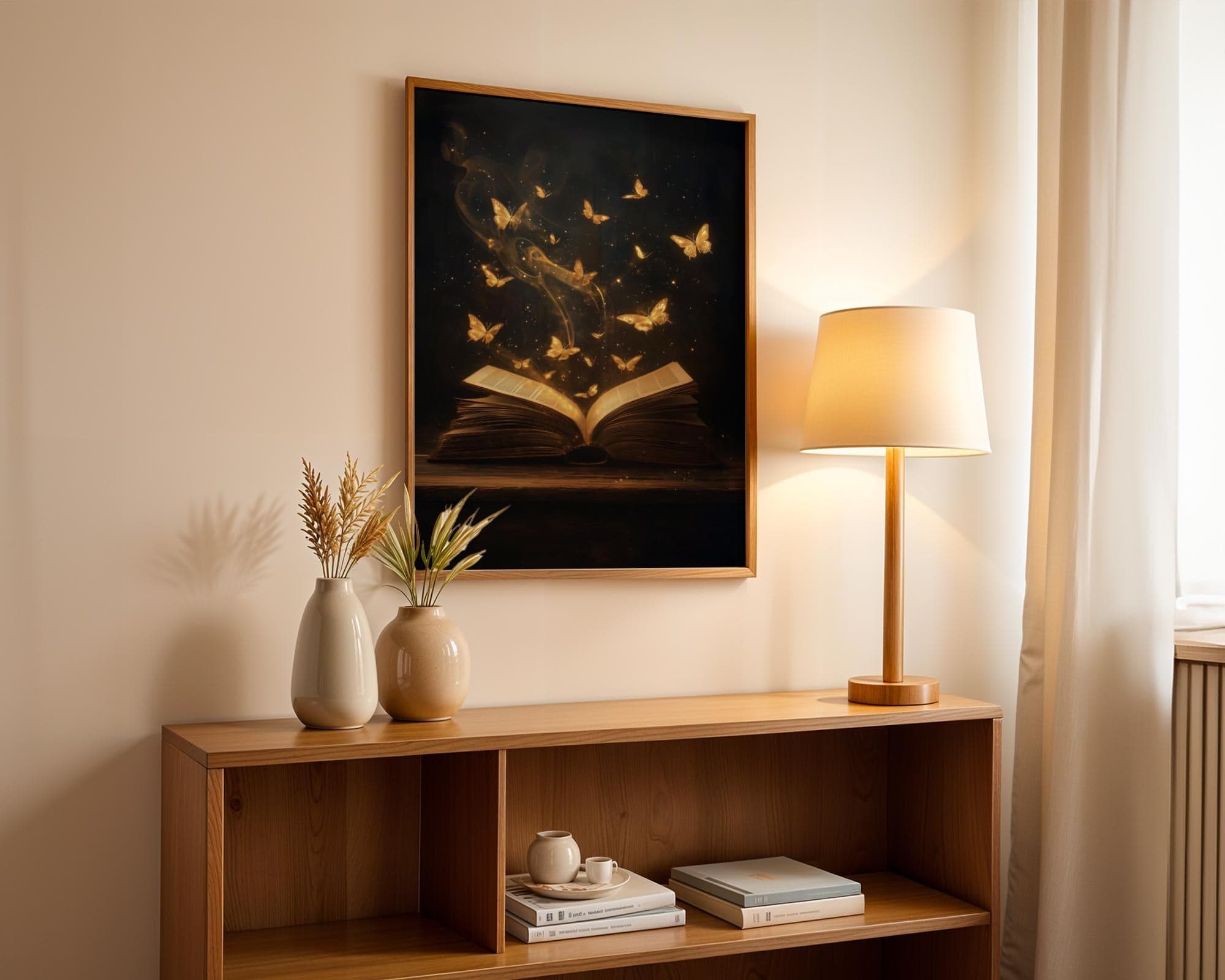 Magical Book with Golden Butterflies Wall Art, Fantasy Dark Academia Print, Enchanted Literary Poster for Library or Reading Nook Decor - view 4