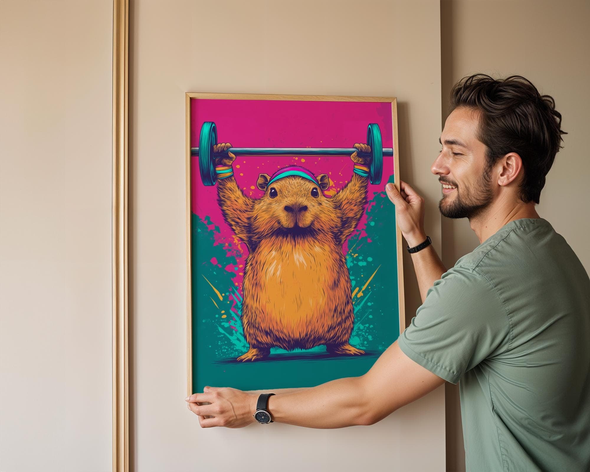 Capybara Print, Funny Capybara Art Print, Digital Download, 80s Aesthetic Capybara Wall Print,Colorful Capybara Poster,Gym Motivation Poster - view 2