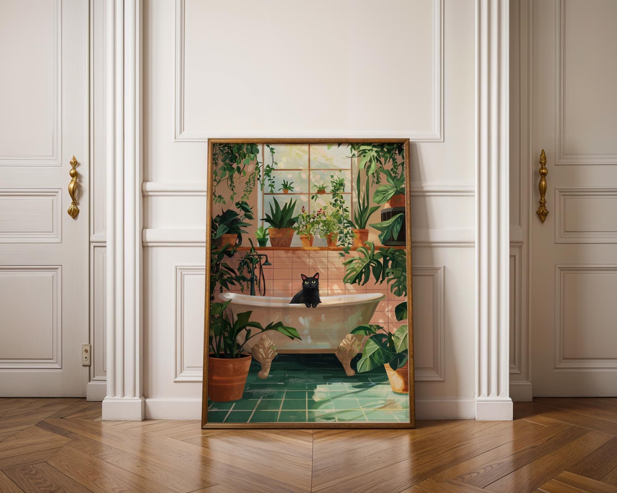 Bath Cat Print Funny, Orange Painting Poster, Animal Wall Art, Digital Wall Art, Bathtube Wall Art, Cat in Bathroom Art, Maximalist Cat Art