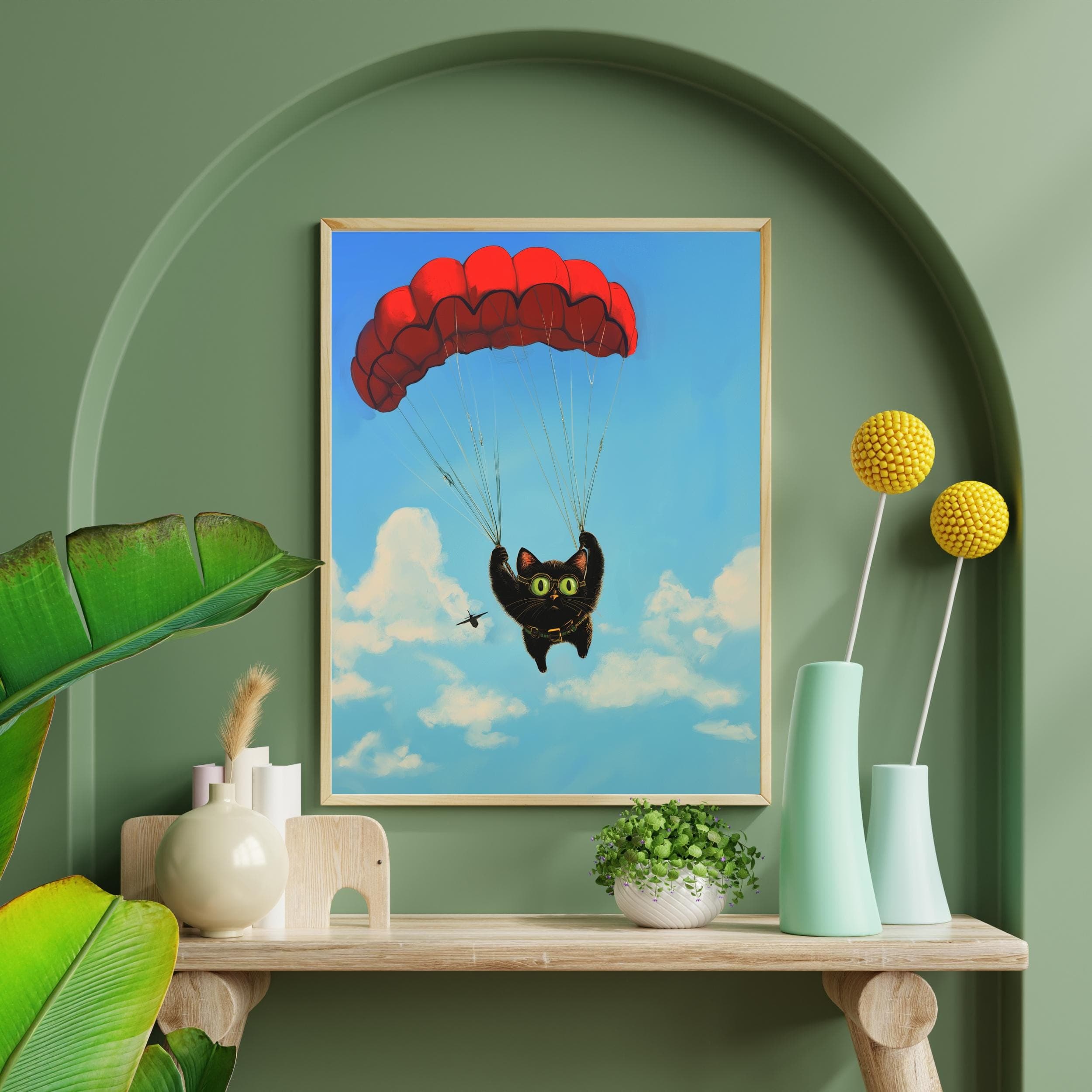 Black Cat Parachuting Art Print, Whimsical Black Cat Decor, Matisse Style, Digital Art Print, Colorful Black Cat Art, Oil Painting Black Cat - view 7