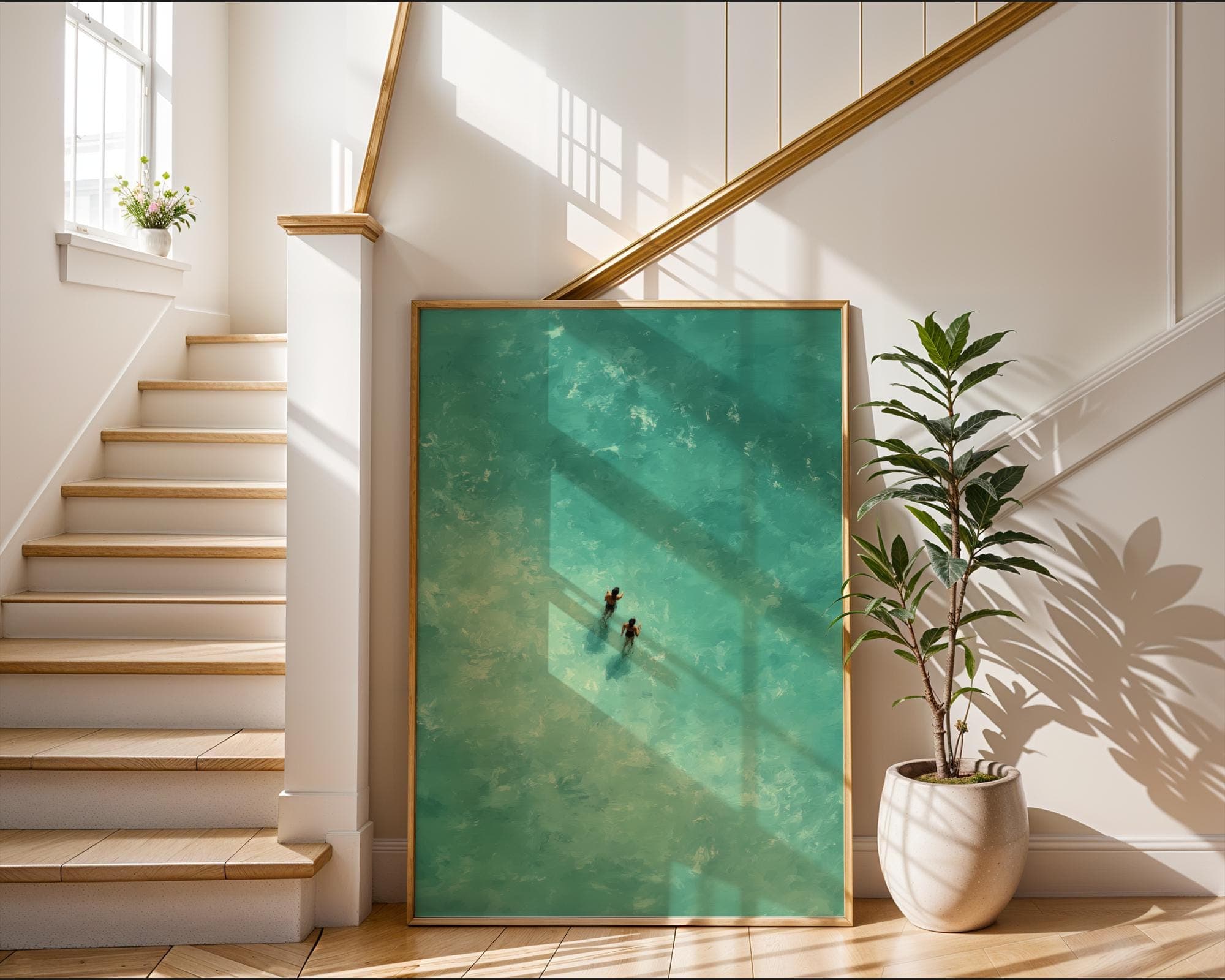 Turquoise Sea Walk Art Print – Minimalist Summer Ocean Wall Art, Aerial Beach Art Print, Walking in Ocean Wall Art, Minimalist Sea Print - view 2
