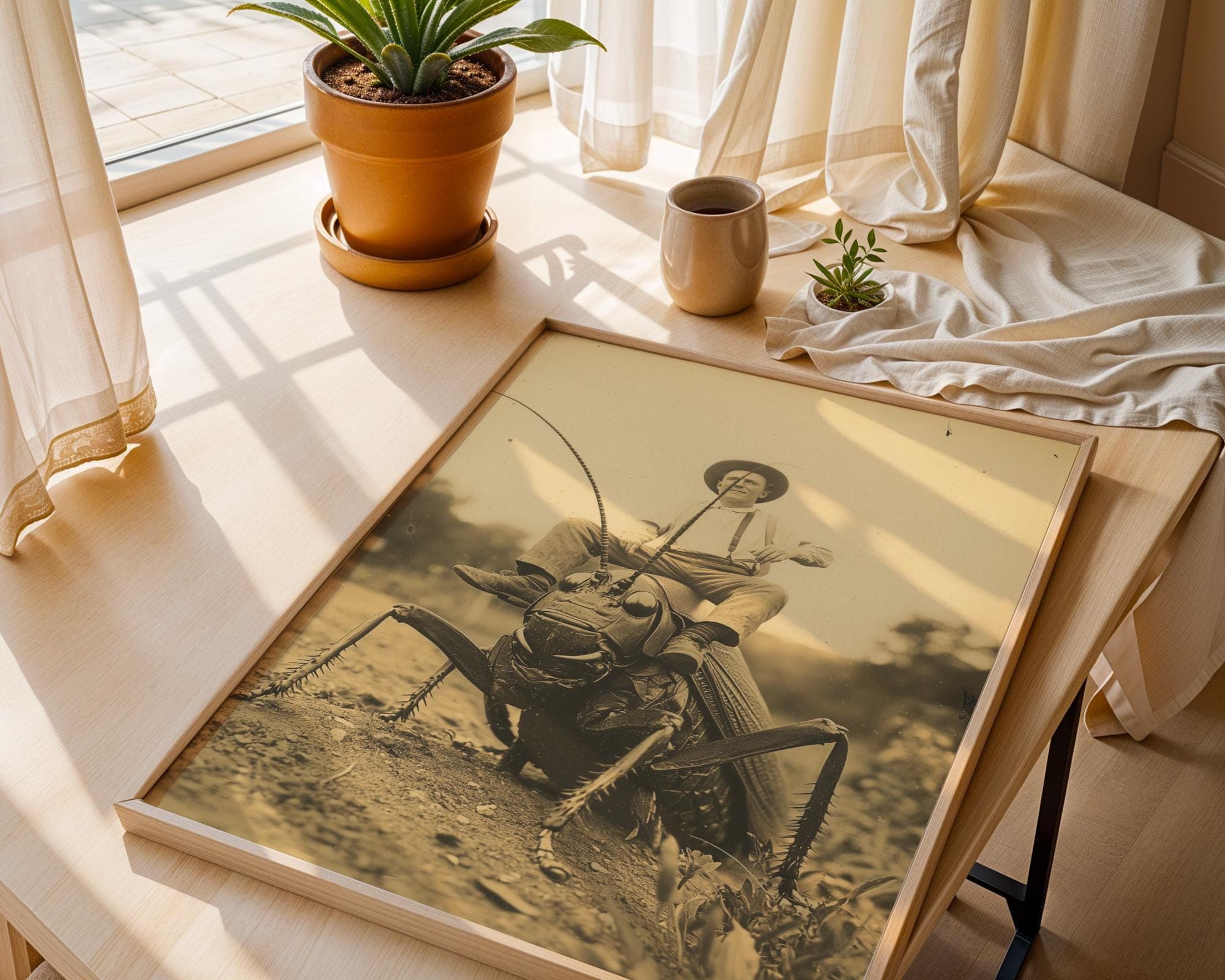 Quirky Grasshopper Cowboy Wall Decor, Quirky Rustic Wall Art, Humorous Retro Sepia Fantasy Insect Art Print, Digital Download, Surreal Art - view 6
