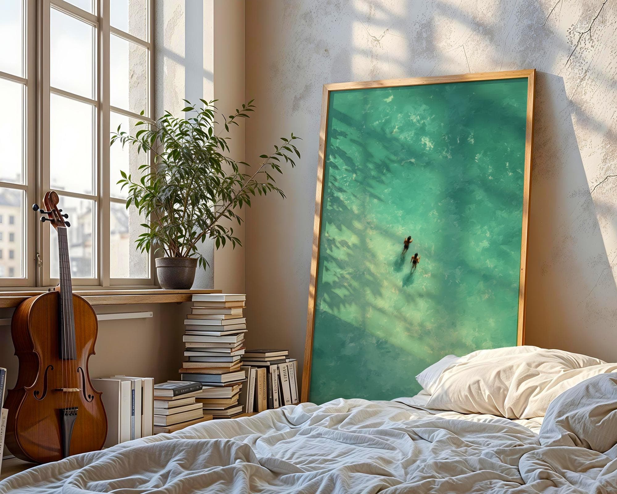 Turquoise Sea Walk Art Print – Minimalist Summer Ocean Wall Art, Aerial Beach Art Print, Walking in Ocean Wall Art, Minimalist Sea Print - view 4