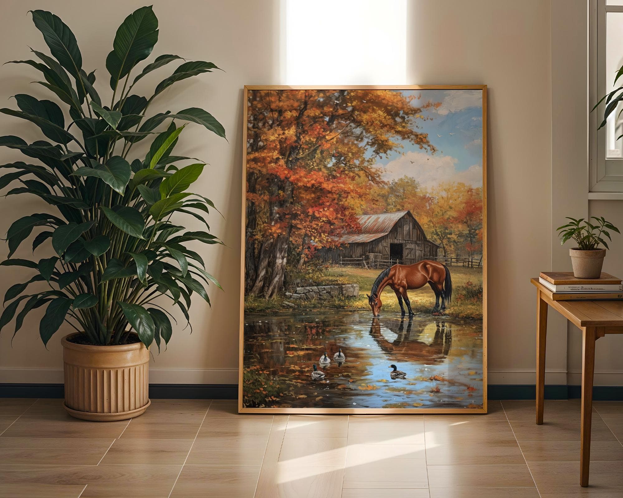Pastoral Horse Farm Wall Print, Farmhouse Nature Wall Decor, Golden Fall Countryside Print, Countryside Reflection Print, Digital Download - view 4