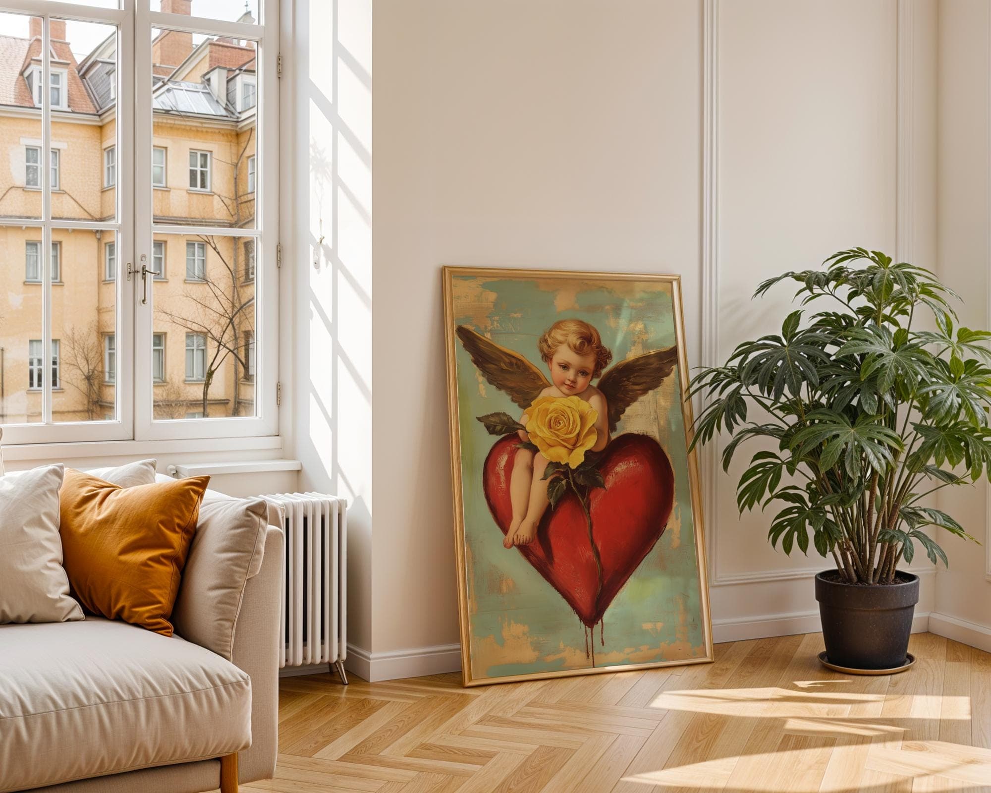 Romantic Angel Digital Print, Yellow Rose and Angel Art, Vintage Cherub Art Print, Valentine's Day Wall Decor, Coquette Room Decor, Digital - view 4
