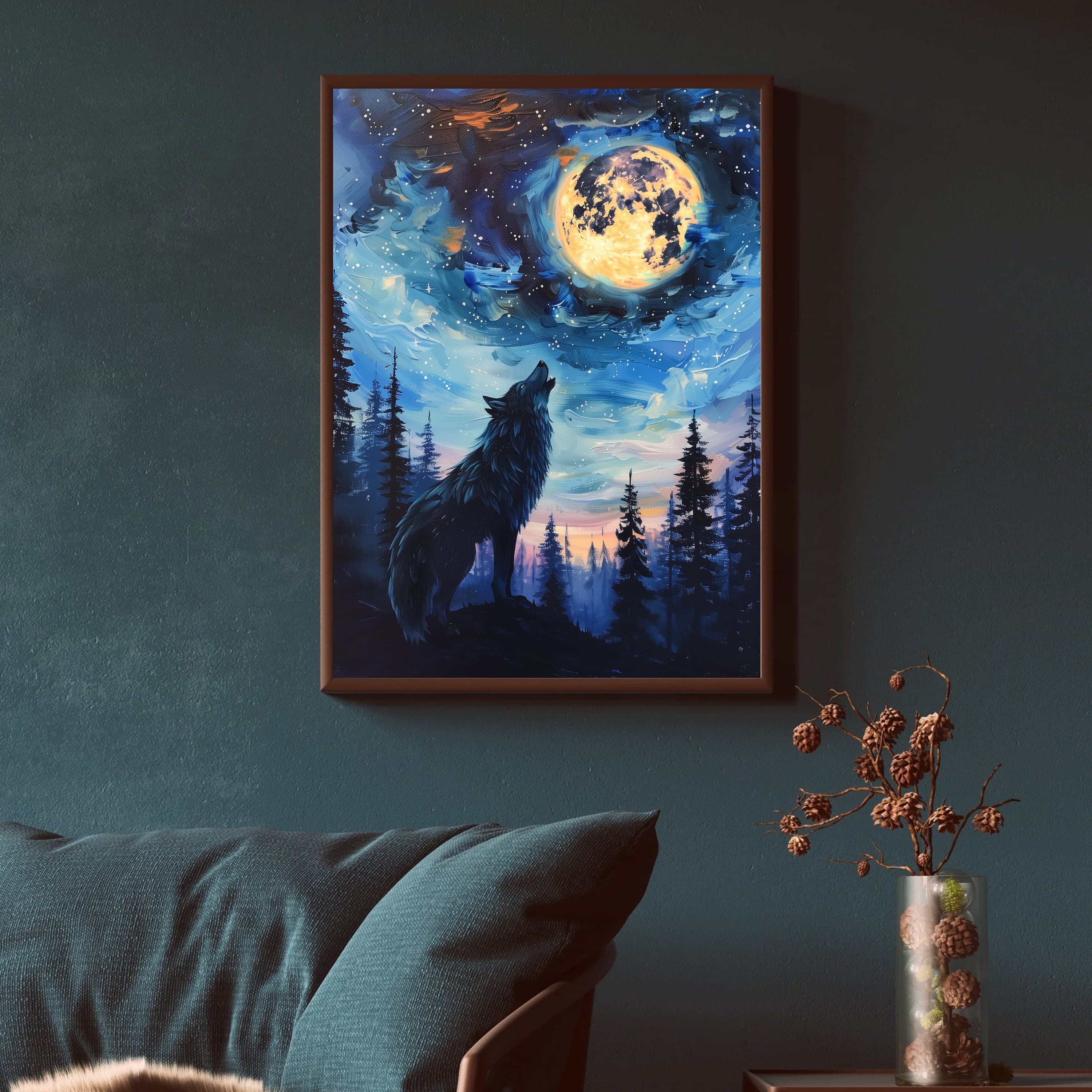 Black Wolf Full Moon Wall Art, Oil Painting, Black Wolf Landscape Poster, Moonlit Night Wolf Howling Abstract Art, Full Moon Wolf Print - view 4