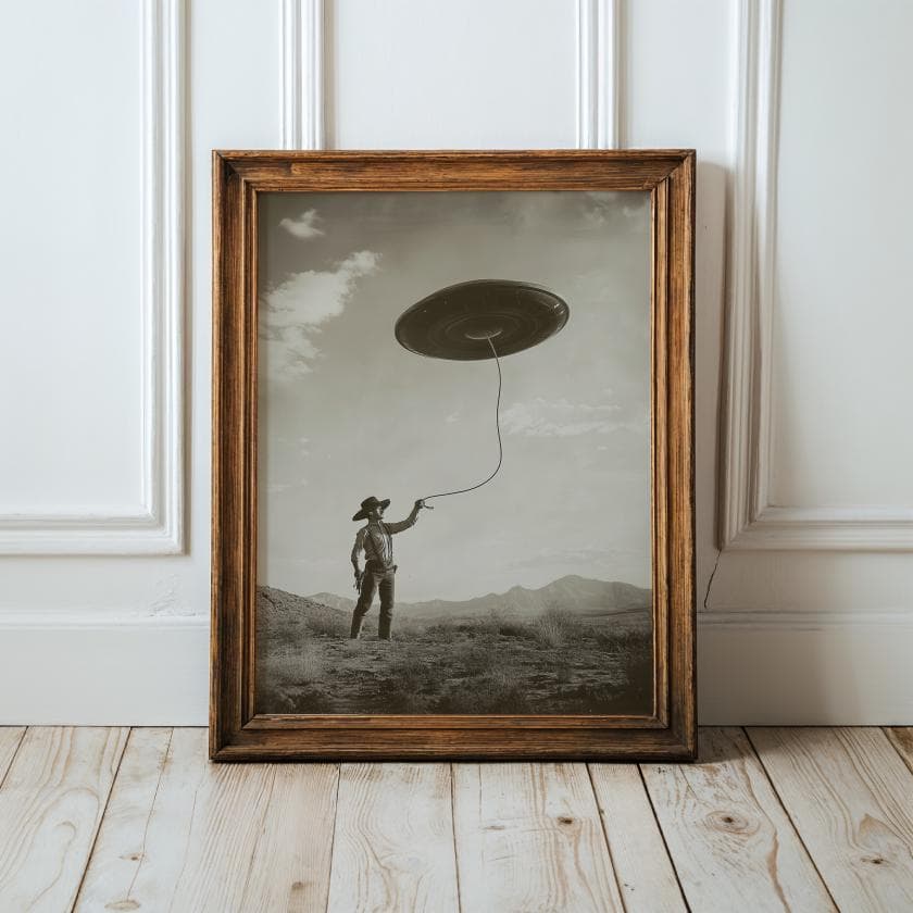 Western Sci‑Fi Cowboy UFO Decor, Surreal Desert UFO Poster, Bedroom Pop of Quirk, Sci-Fi Cowboy, Whimsical Wild West Alien Art Print