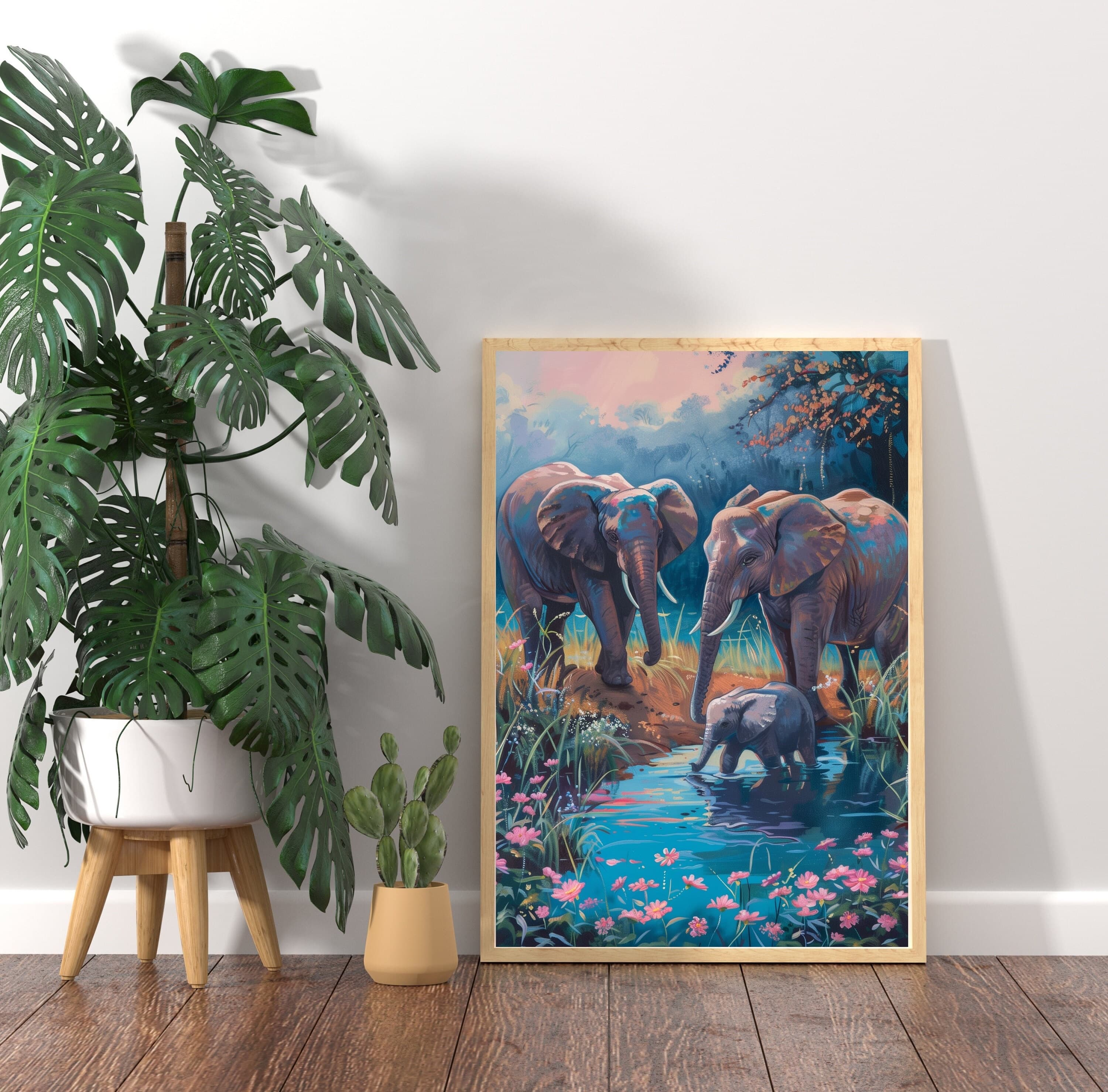 Elephant Family Poster, Oil Painting, Colorful Elephants in Nature Poster, Elephant Family in Nature Oil Painting, Elephants Oil Painting - view 4