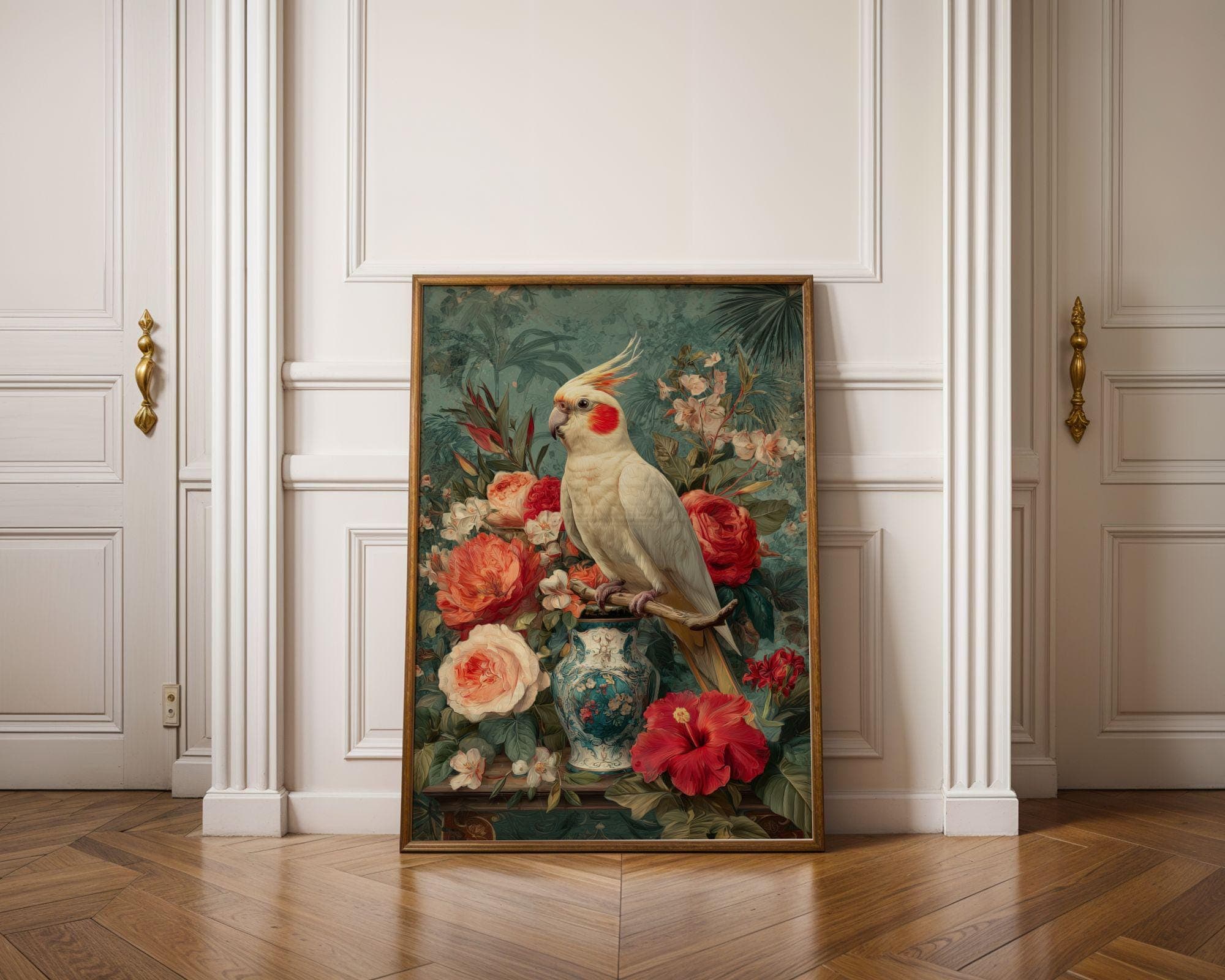 Tropical Cockatoo Wall Art – Floral Animal Print, Vintage Botanical Bird Poster – Exotic Animal Decor, Whimsical Bird Art, Parrot Wall Art