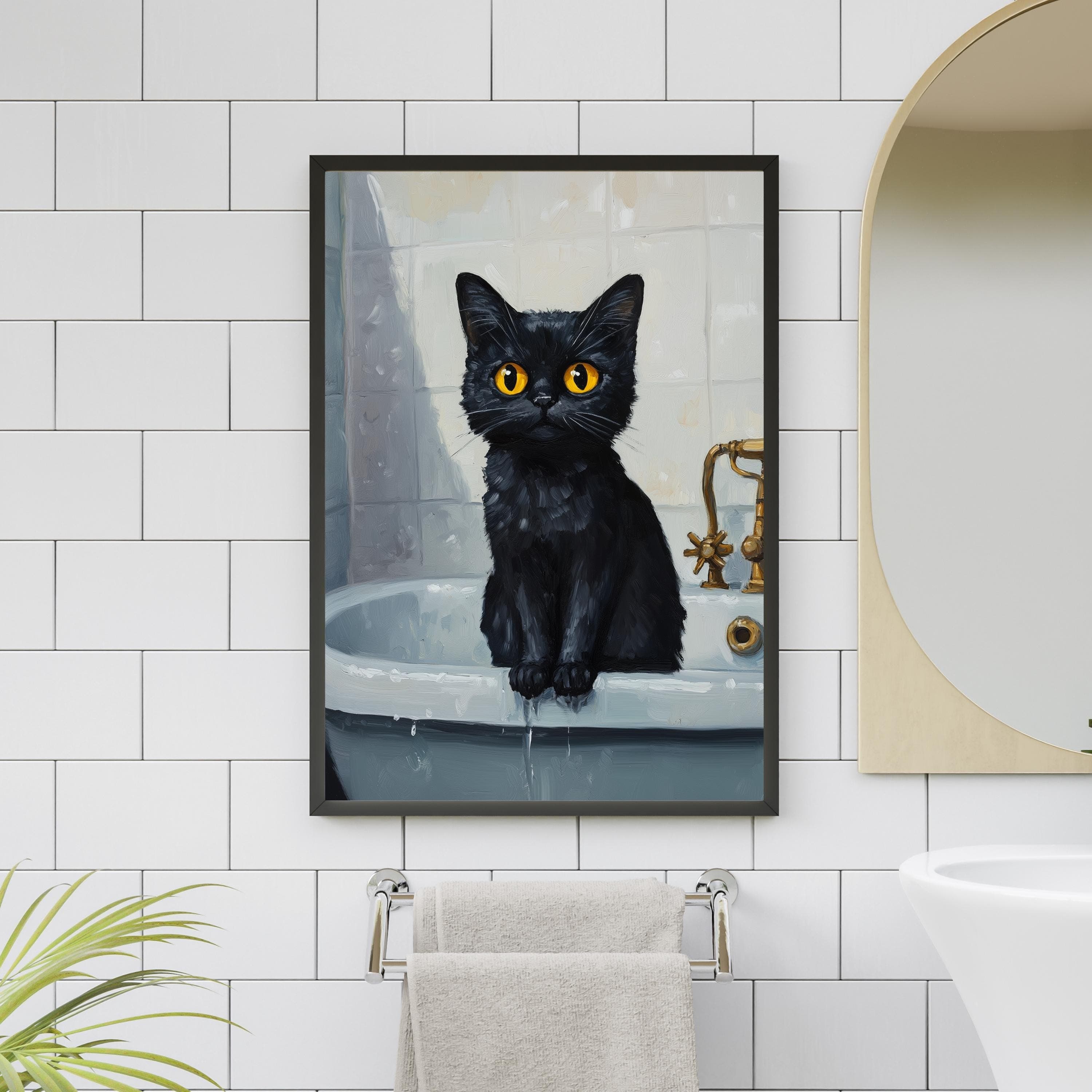 Wet Cat in Bathtub Art - Funny Black Cat Poster, Black Cat in Bathtub Painting, Stylish Cat Bathroom Decor - Moody Black Kitten Art - view 6