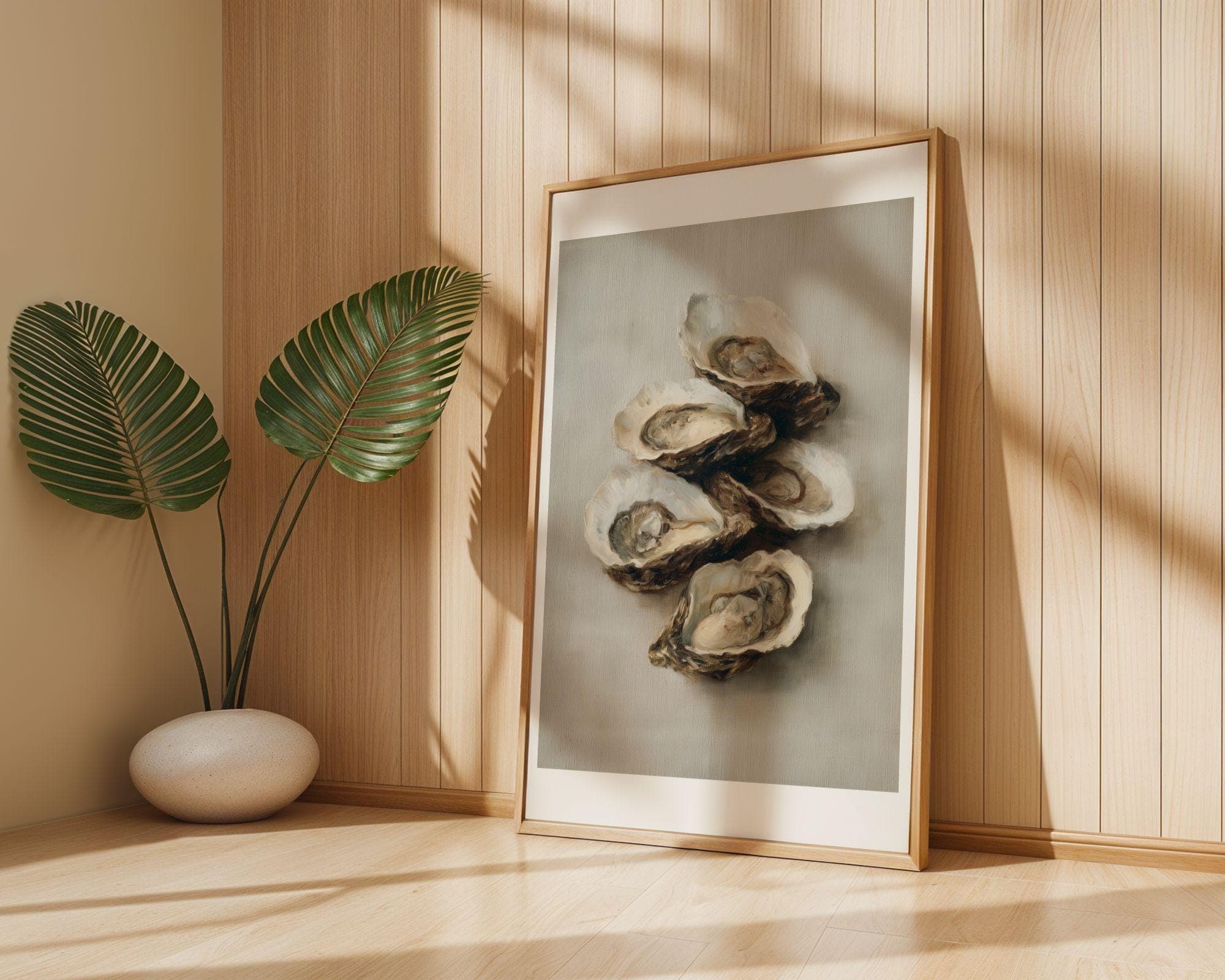 Oyster Wall Decor, Minimal Coastal Art Print, Oyster Still Life, Oyster Painting, Coastal Dining Room Decor, Oyster Canvas Art, Digital Art - view 5