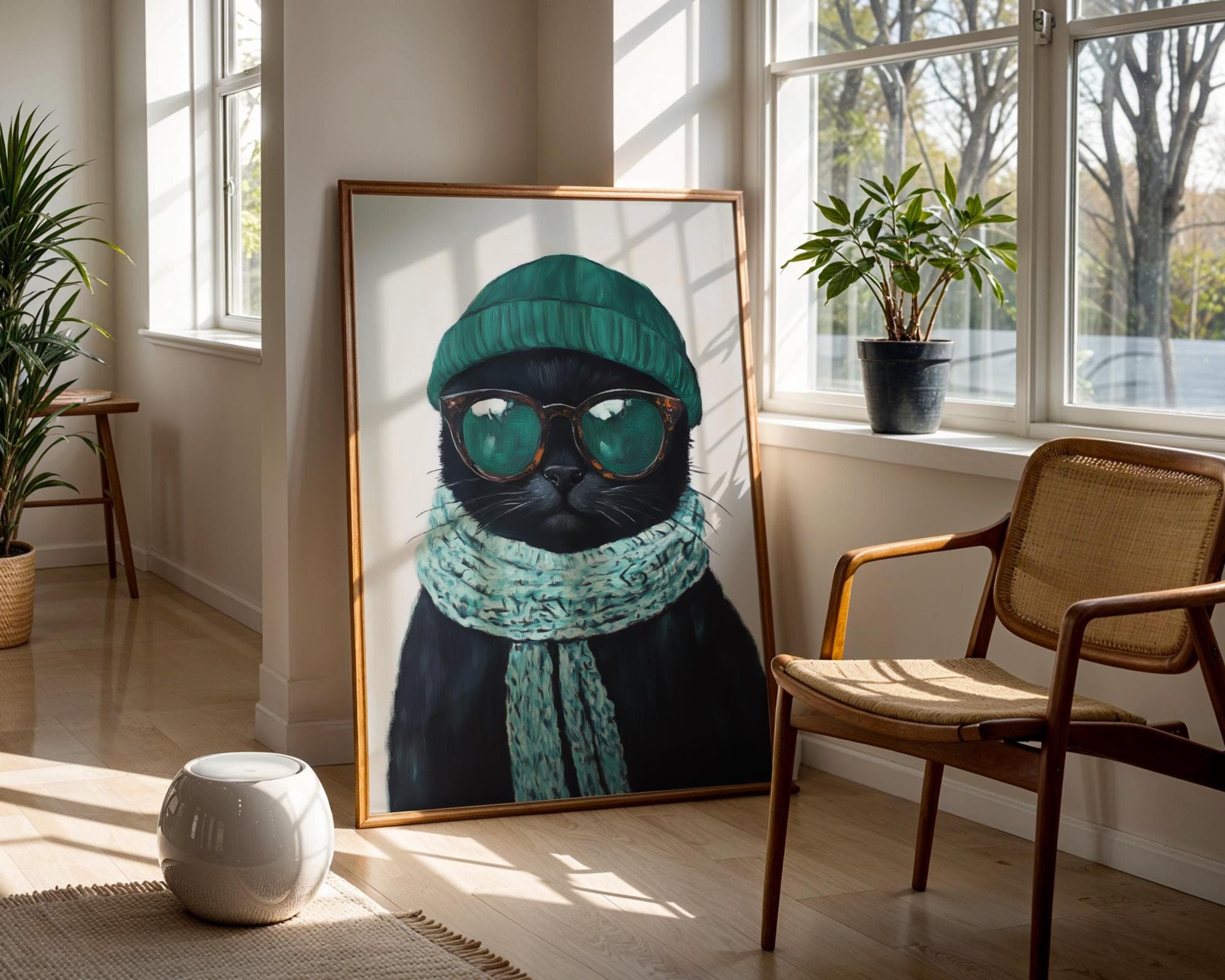 Trendy Black Cat Wall Art, Hipster Cat Portrait, Quirky Cat Decor, Matisse Black Cat Painting, Cool Cat Wall Art, Quirky Black Cat Print - view 5