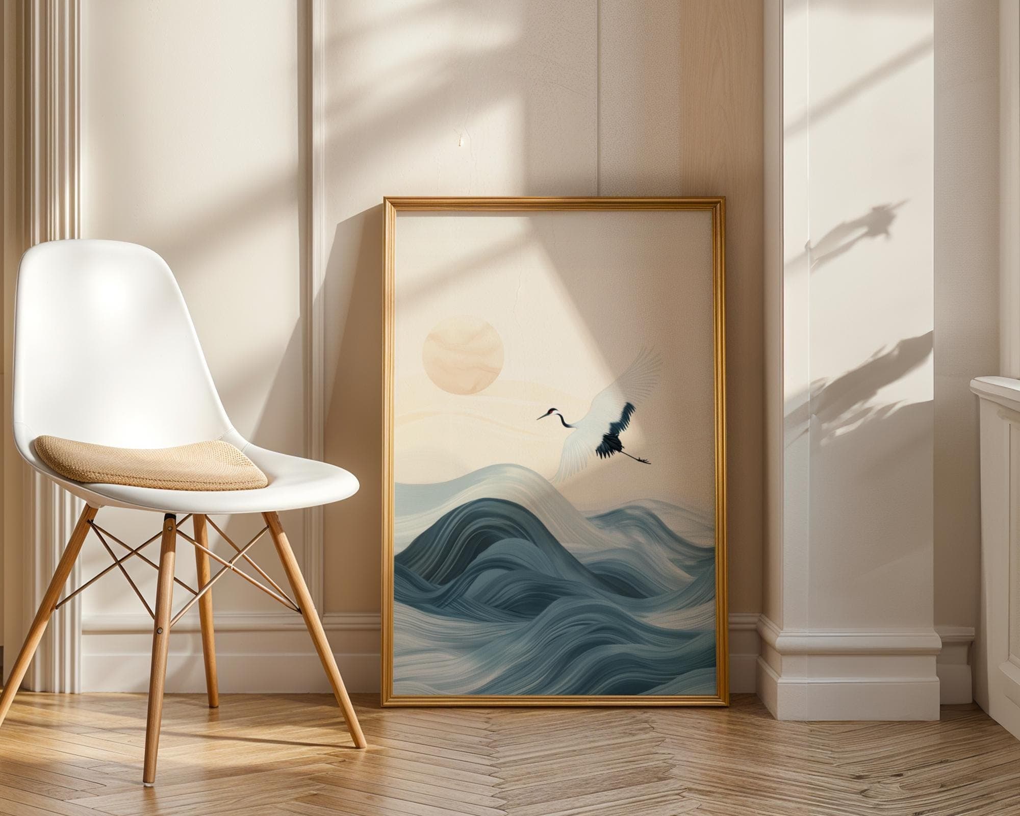 Japanese Crane Wall Art, Japanese Wall Art, Wabi Sabi Wall Art, Blue Waves Japandi Wall Art Print, Printable Wall Art, Zen Wall Hanging - view 2