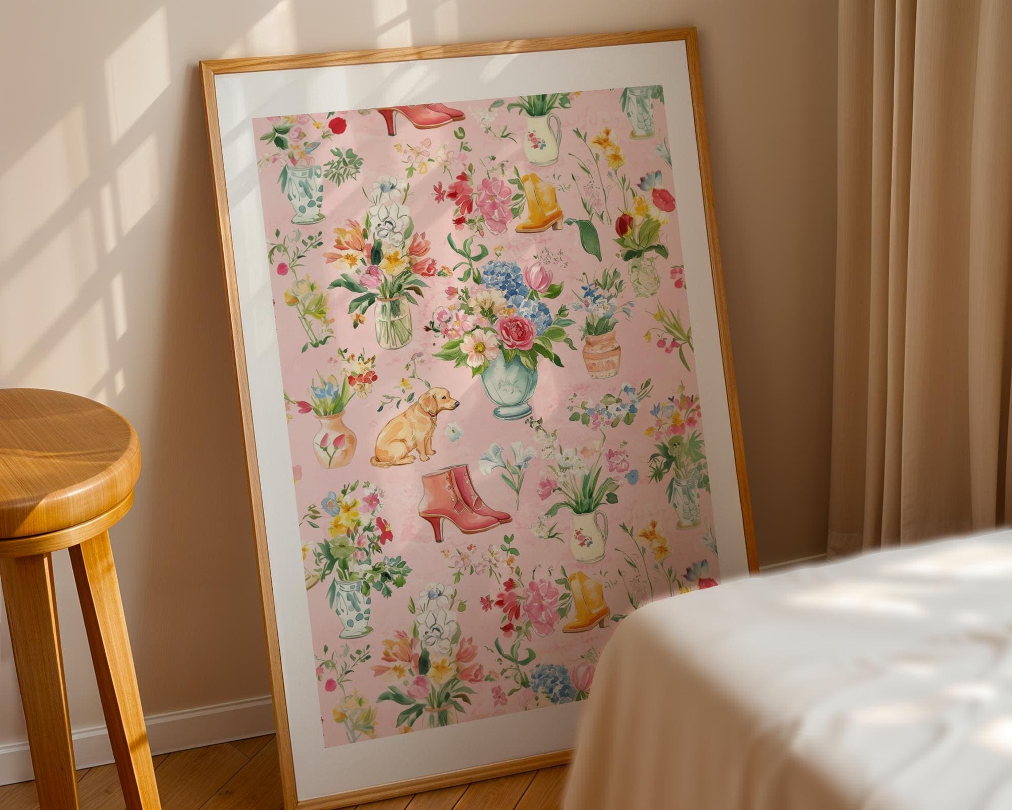 Watercolor Flower and Boots Wall Art, Pink Botanical Poster for Girls' Rooms, Pink Vintage Floral Wall Art with Dog, Boots, and Vases - view 3