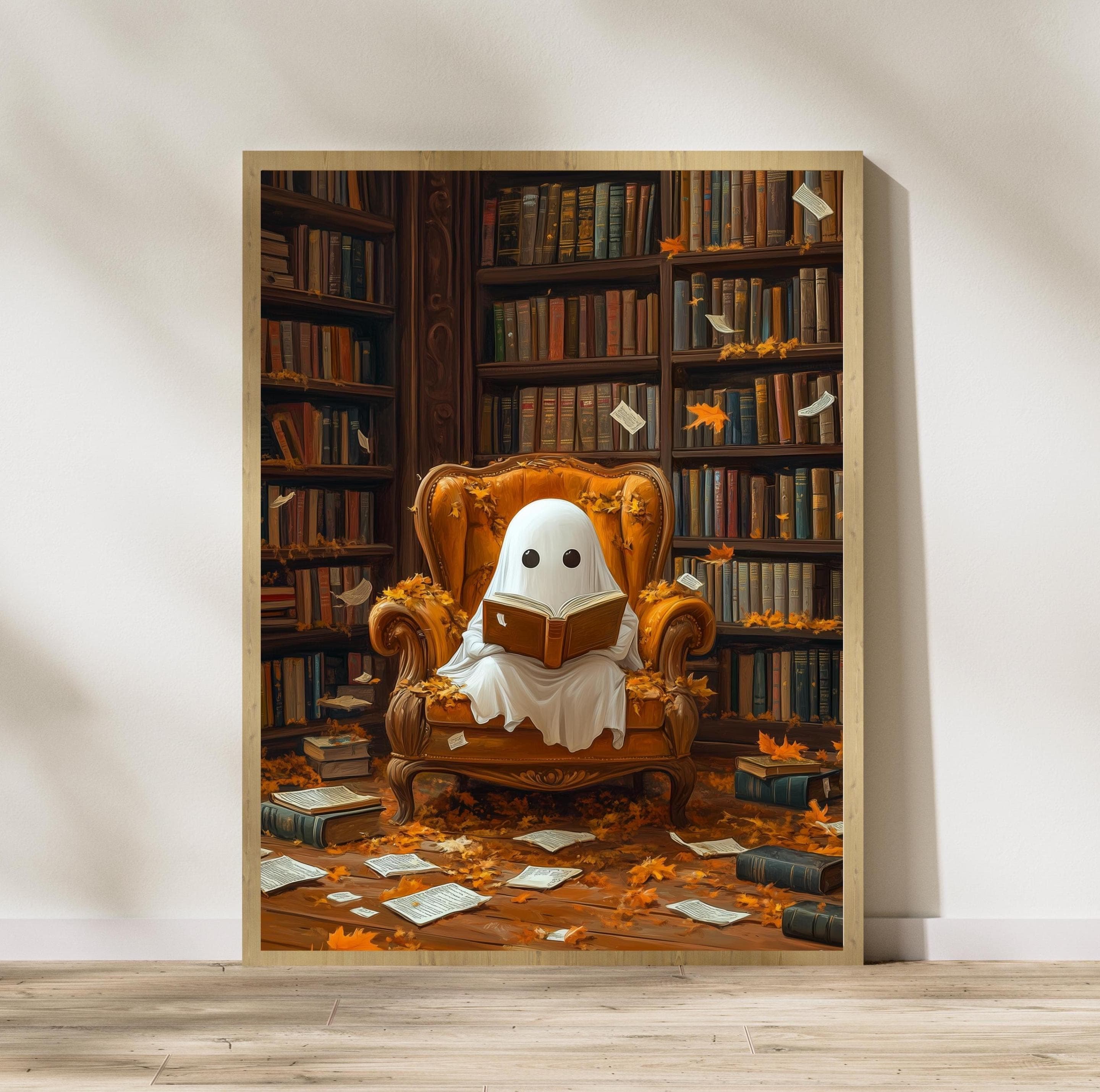 Cute Halloween Ghost Reading a Book, Whimsical Halloween ghost wall art, Spooky Cute Halloween ghost Print, Bookish art Book lover, Ghost