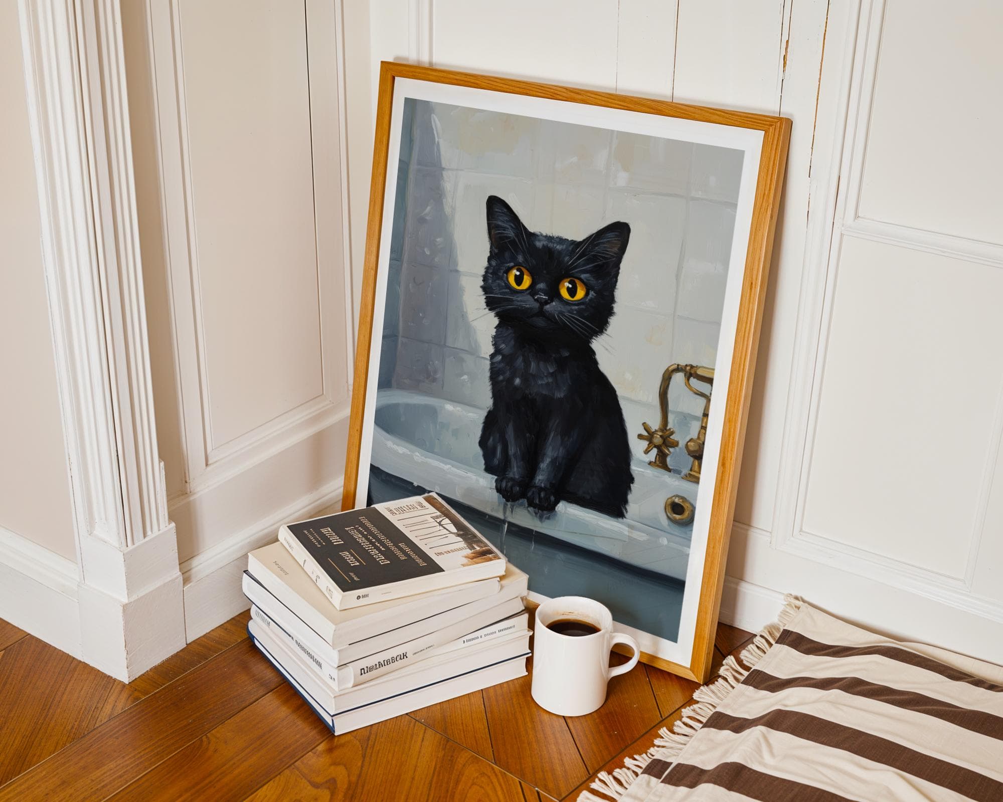 Wet Cat in Bathtub Art - Funny Black Cat Poster, Black Cat in Bathtub Painting, Stylish Cat Bathroom Decor - Moody Black Kitten Art - view 4