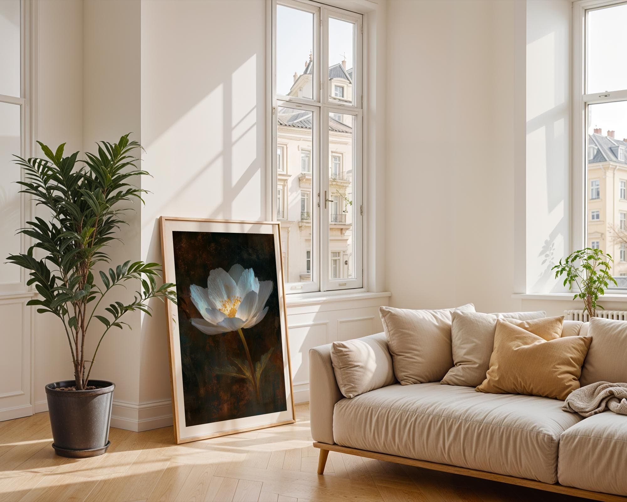 White Wildflower Wall Art Botanical Painting Print on Dark Rustic Background, Moody Floral Painting, White Flower Wall Art, Botanical Print - view 4