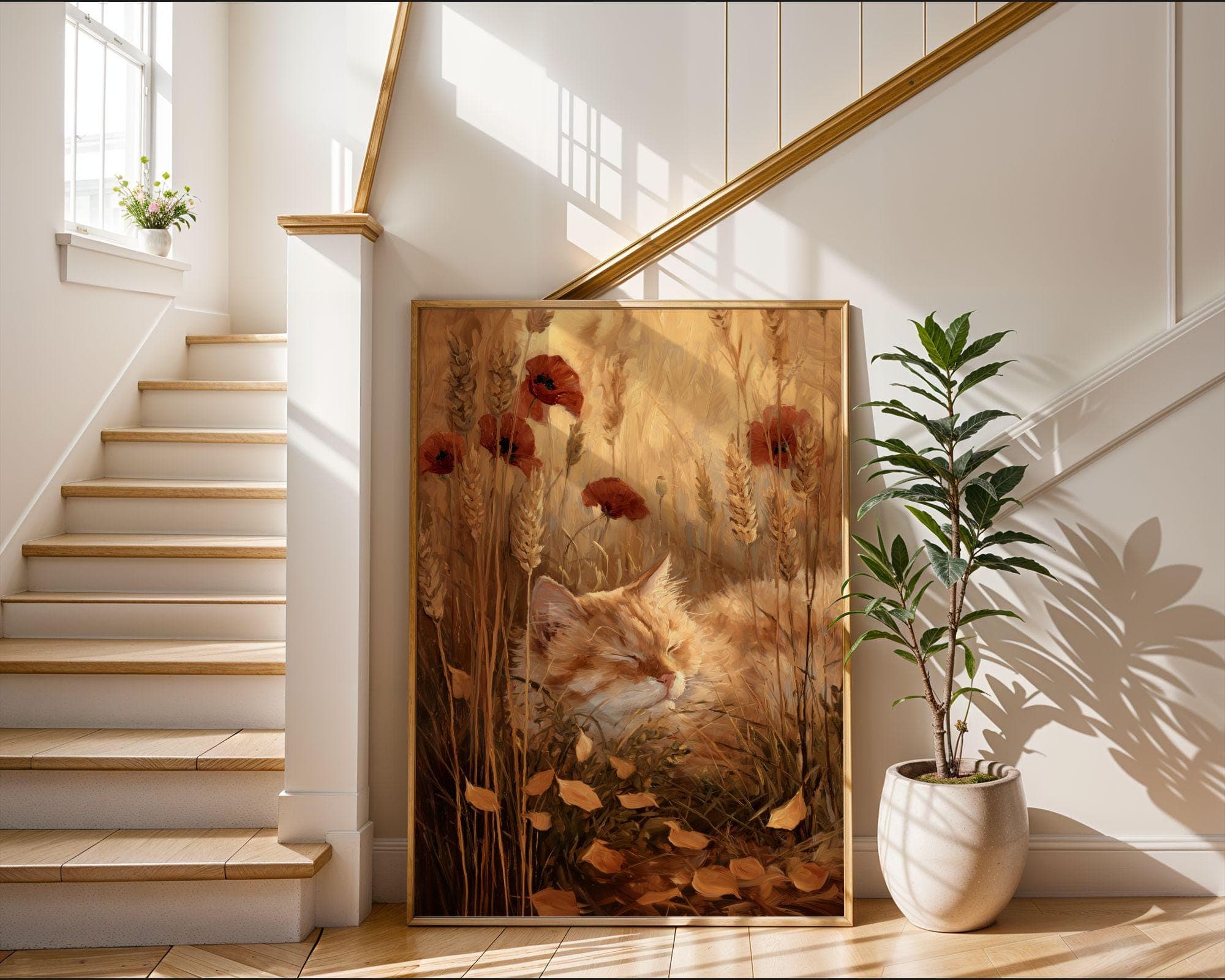 Cat Wall Art Print | Ginger Cat in Poppy Field, Cottagecore Cat Poster | Sleeping Tabby in Wheat, Nature Cat Poster, Tabby Cat in Wildflower - view 2