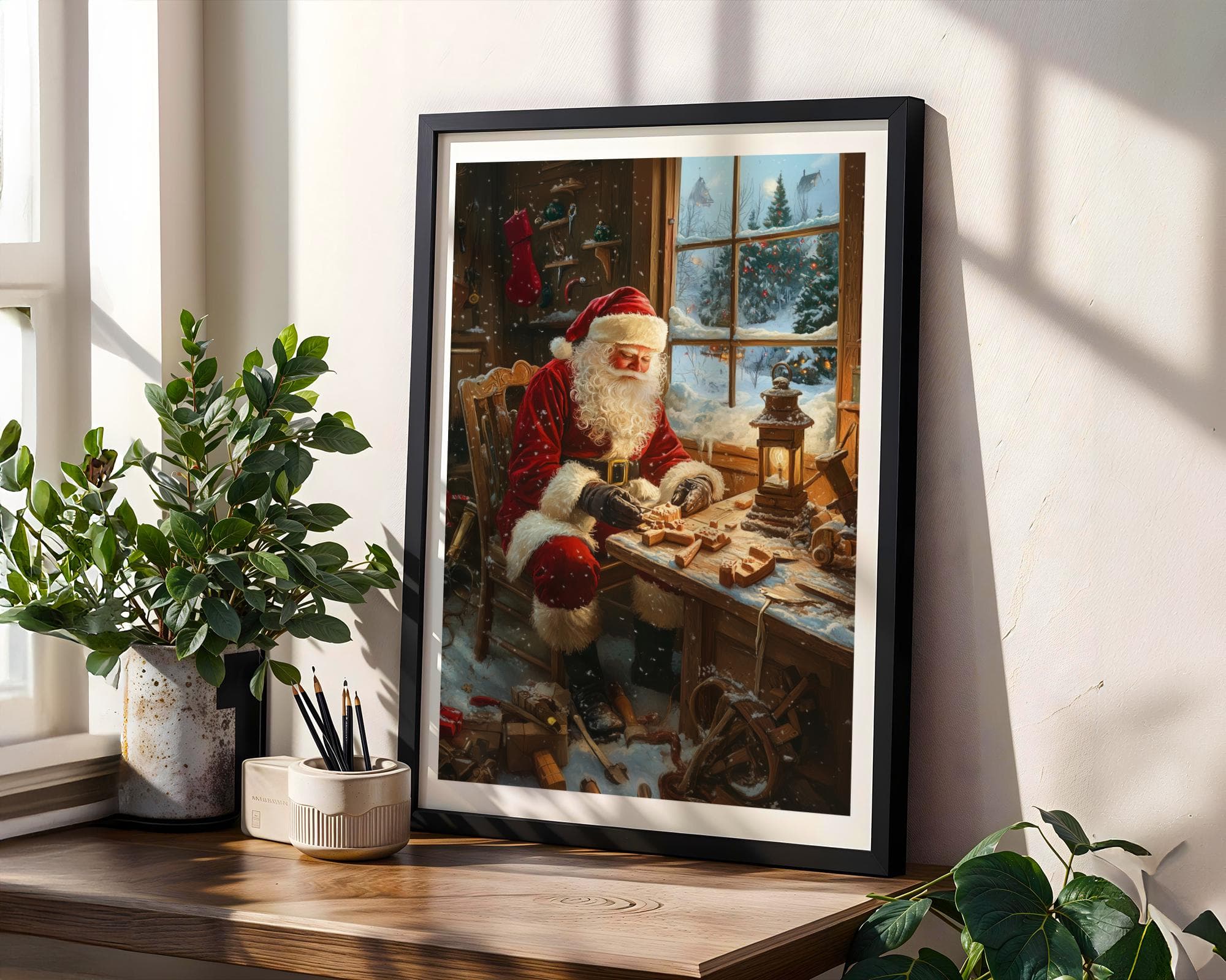 Santa Claus Crafting Wooden Toys - Rustic Christmas Wall Art Print, Digital Santa Claus Download, Vintage Christmas Home Decor, Santa Prints - view 5