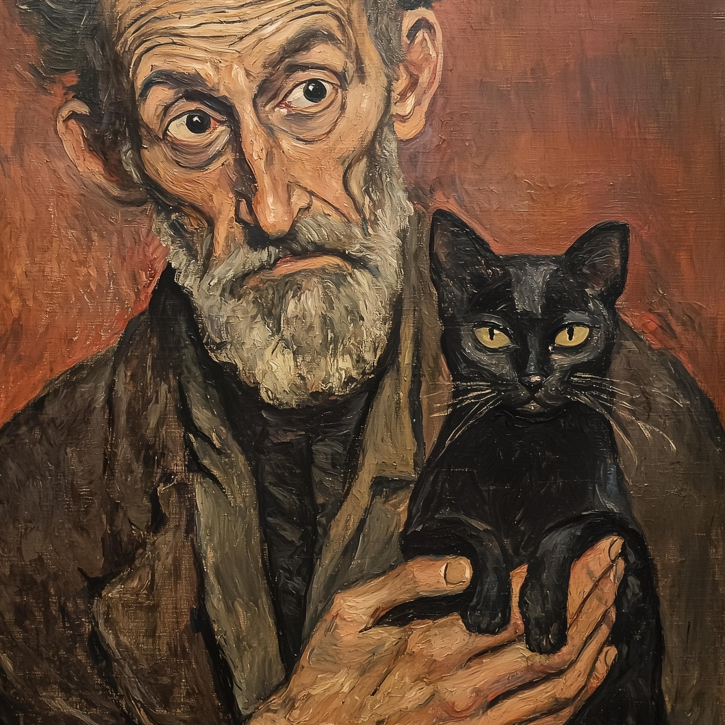 Vintage Oil Painting – Old Man and Black Cat Portrait, Rustic Oil Art Poster, Oil Painting Print, Antique Oil Art Print, Vintage Style Art - view 2