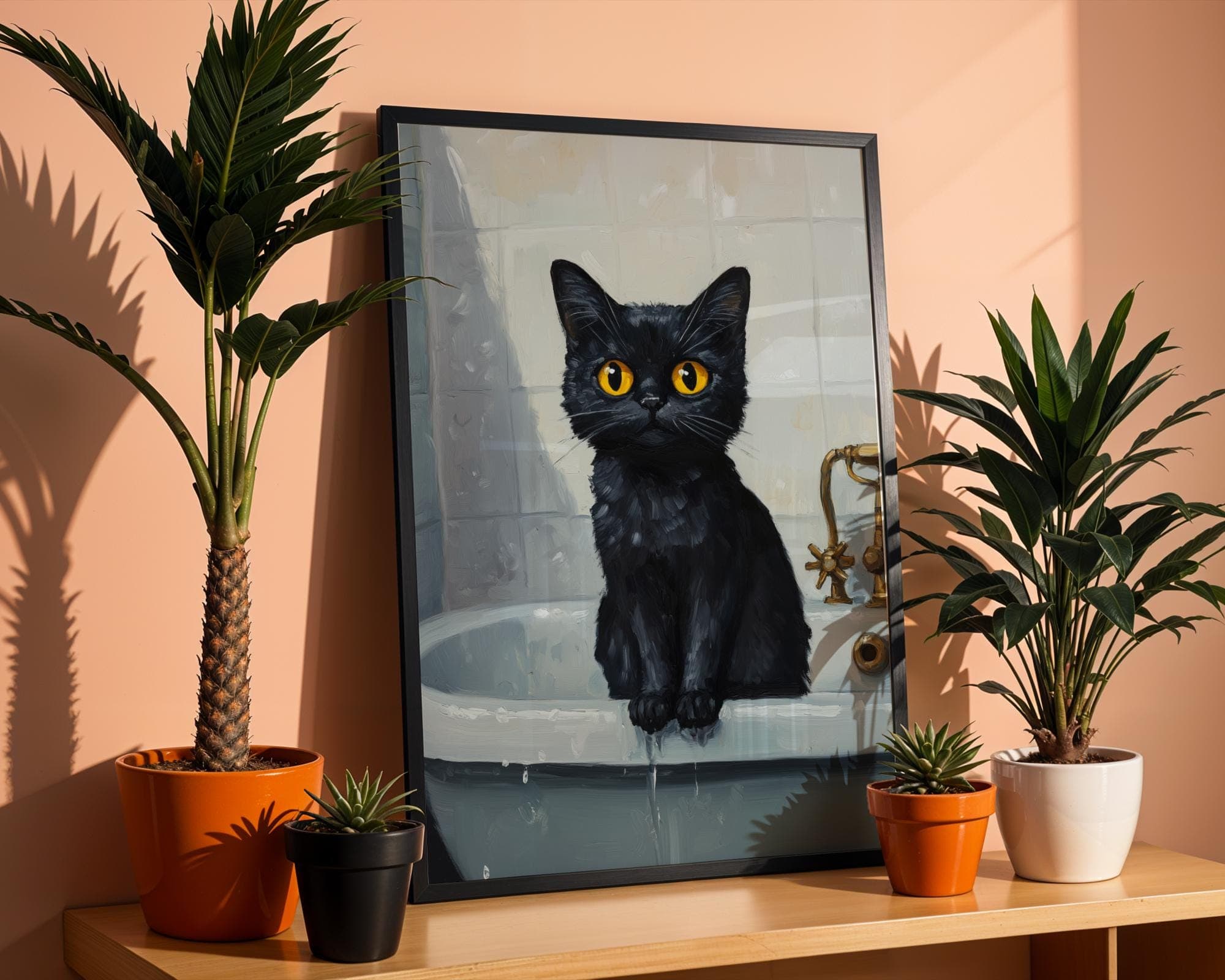 Wet Cat in Bathtub Art - Funny Black Cat Poster, Black Cat in Bathtub Painting, Stylish Cat Bathroom Decor - Moody Black Kitten Art - view 3