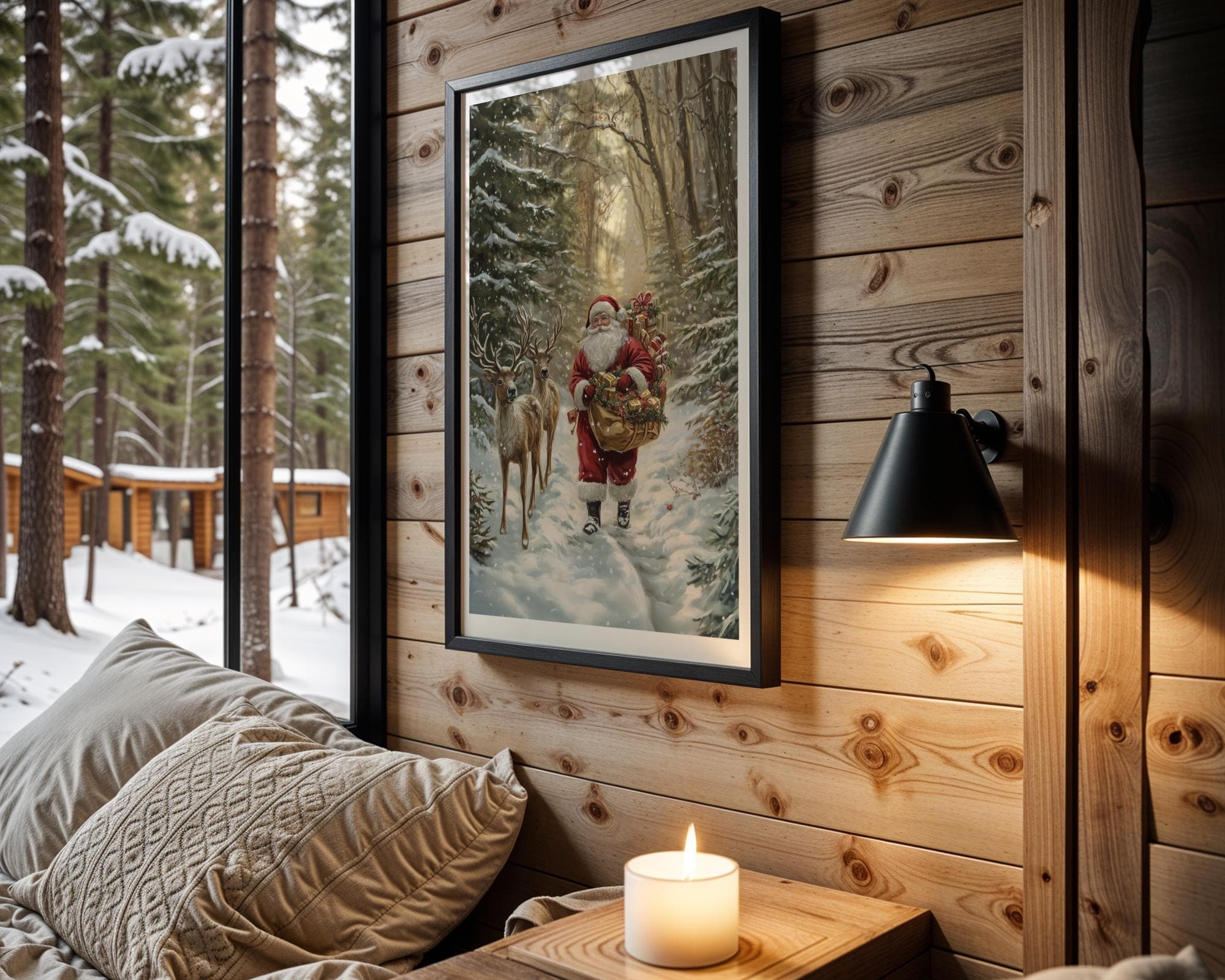 Santa Claus and Deer Painting - Rustic Holiday Wall Art for Christmas, Christmas Wall Art, Digital Download, Holiday Wall Decor, Santa Print - view 6