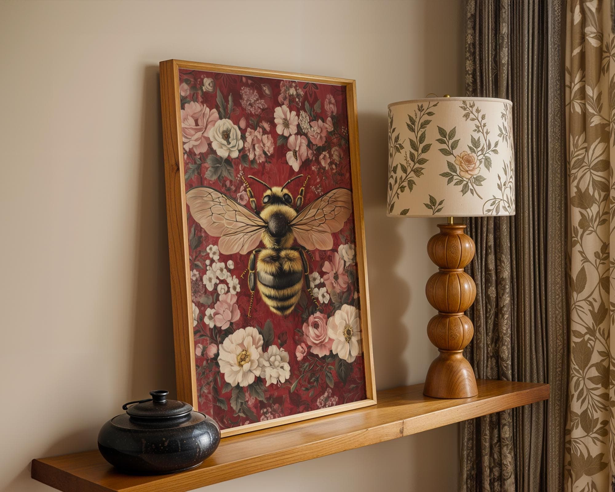 Bee Floral Wall Art Print, Vintage Bee with Flowers, Bumblebee on Flowers Wall Art, Vintage Floral Art Print, Vintage Botanical Print - view 4