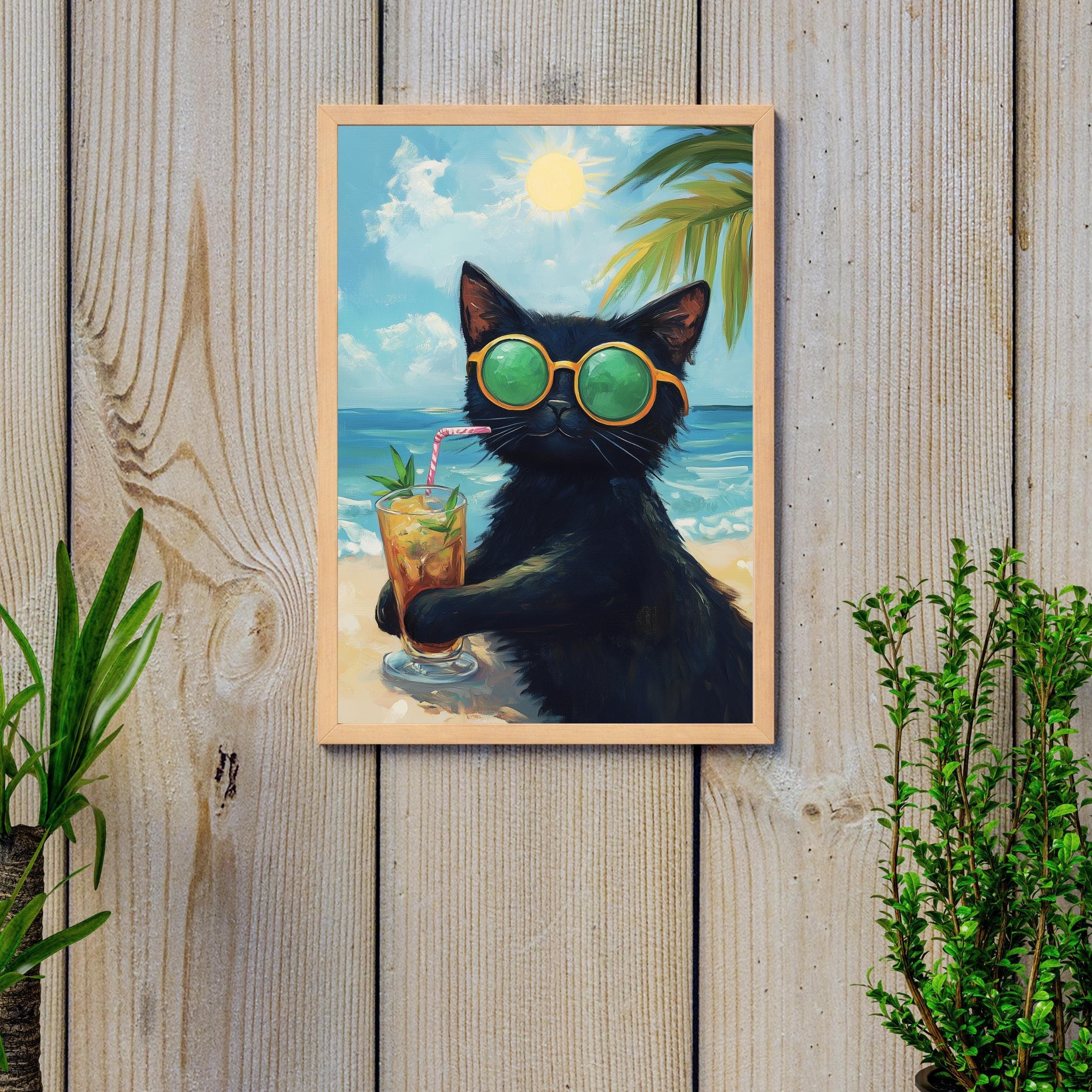 Sunbathing Cat Art Print, Black Cat Digital Poster, Black Cat Oil Painting, Summer Vibes Art Print, Matisse Cat Print, Summer Beach Cat Art - view 4