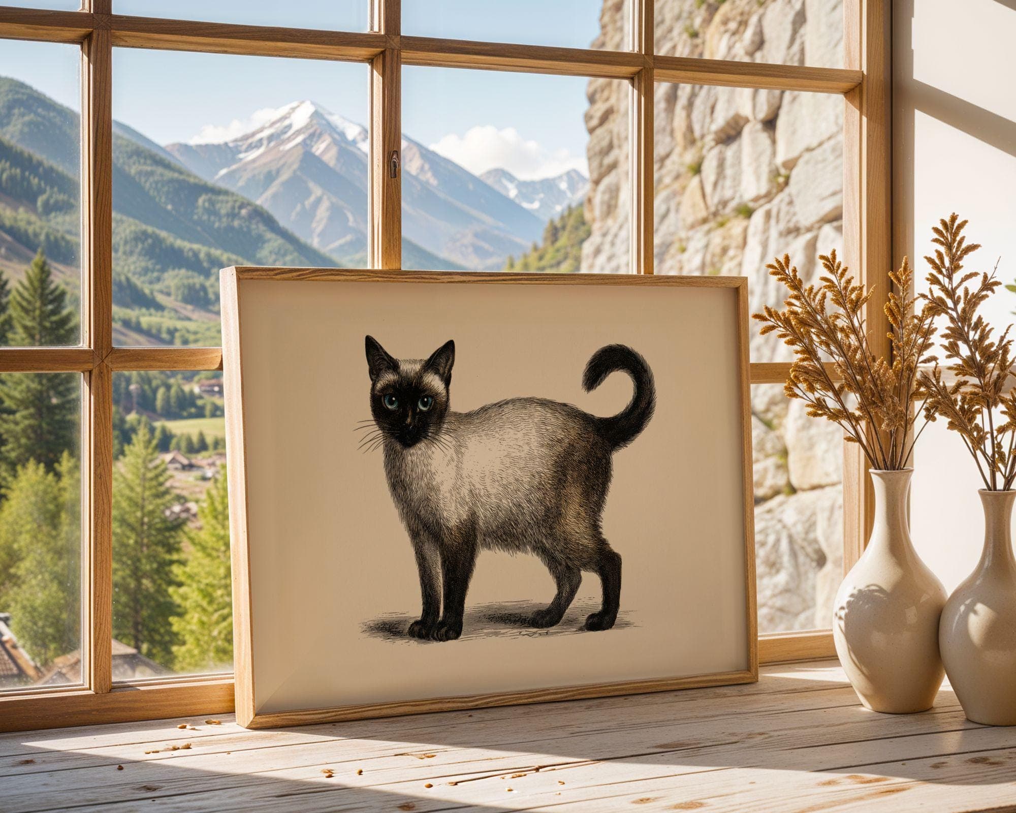Siamese Cat Print, Vintage Cat Poster, Line Art Siamese Cat, Sepia Beige Wall Print, Minimal Cat Decor, Cat Lover Gift, Digital Animal Art - view 6