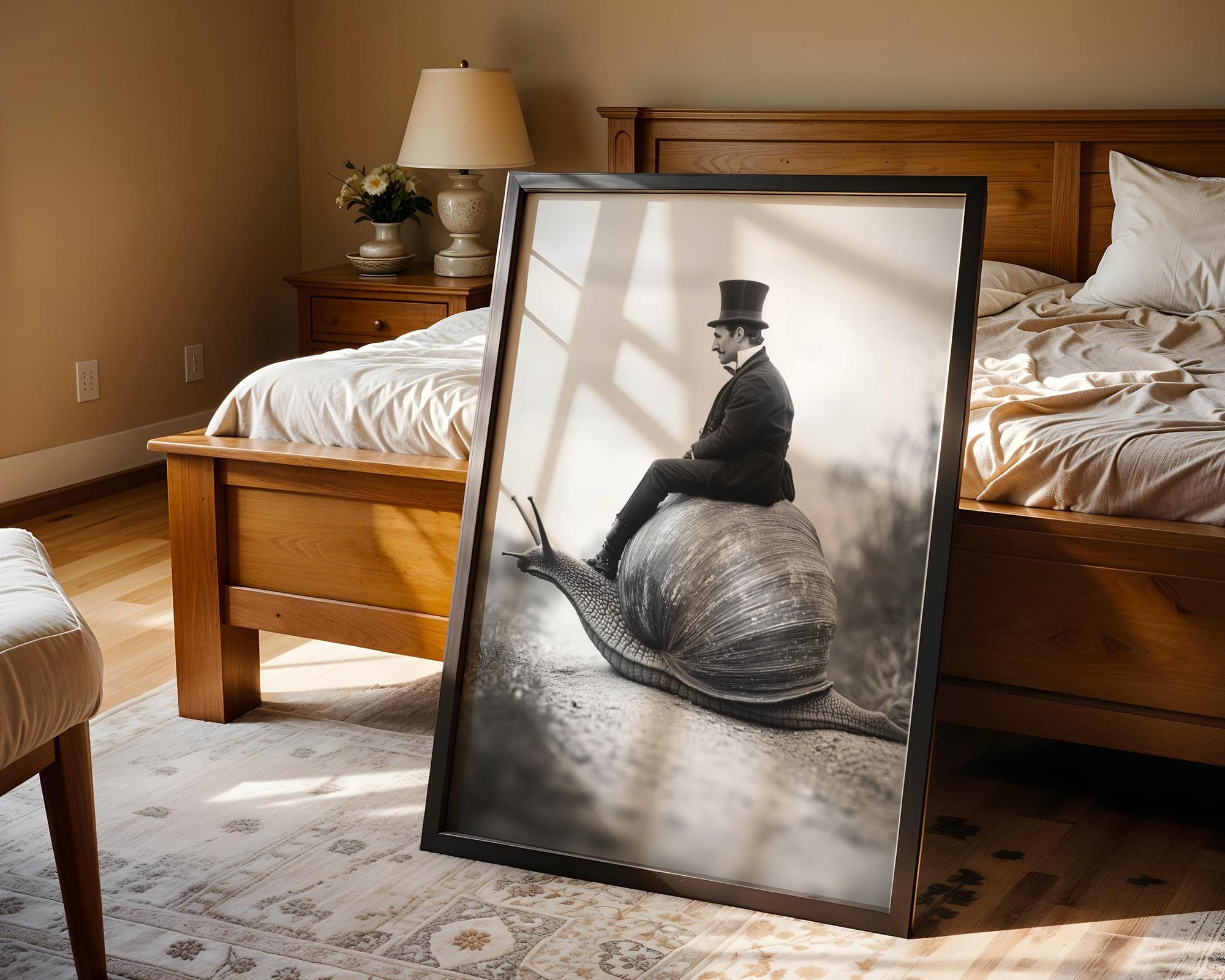 Victorian Gentleman on Giant Snail Wall Art, Surrealist Black and White Fantasy Wall Art, Weird Whimsical Art, Monochrome Surreal Decor - view 5