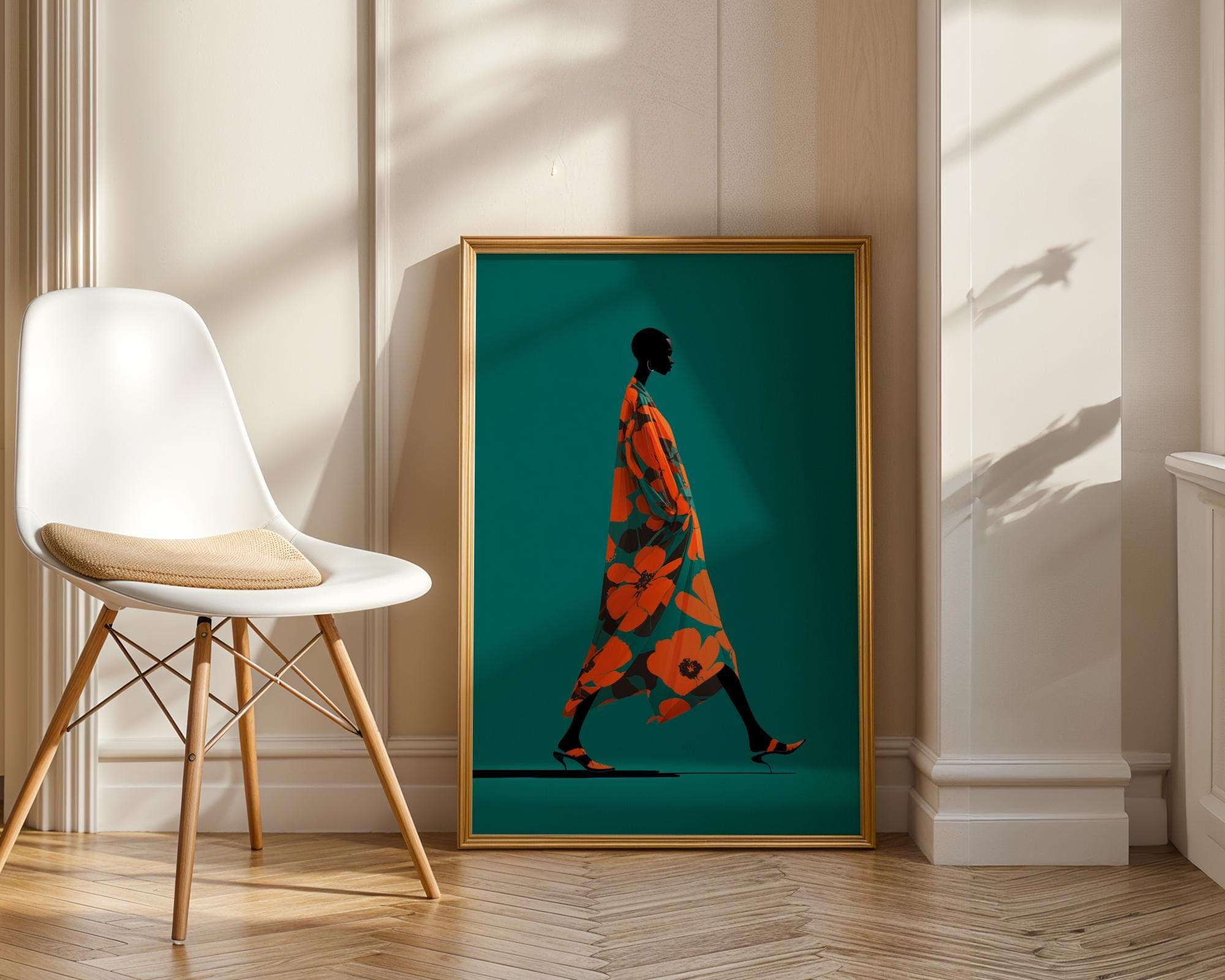 Modern African Woman Wall Art | Bold Floral Dress Illustration | Contemporary Fashion Print, Afrocentric Fashion Wall Art, Modern Boho Print - view 4