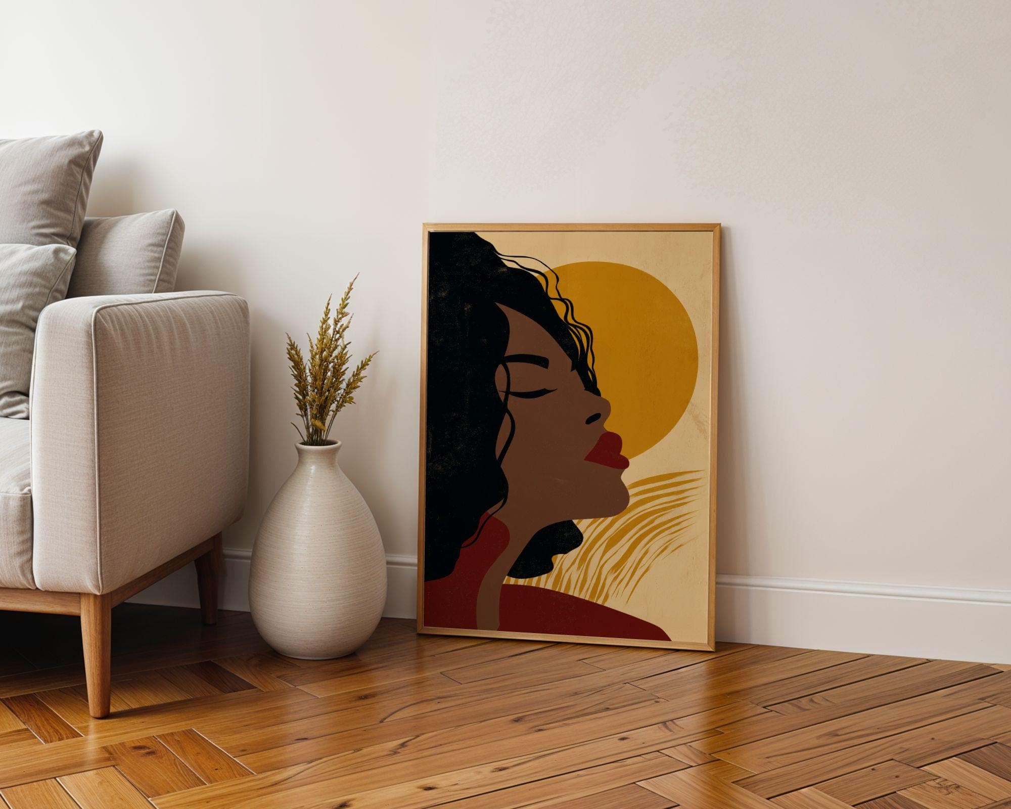 Black Woman Wall Art, Red Lips Portrait, Golden Sun, Boho Neutral Decor Print, Modern Afrocentric Decor, Earthy Neutral Art, Digital Print - view 4