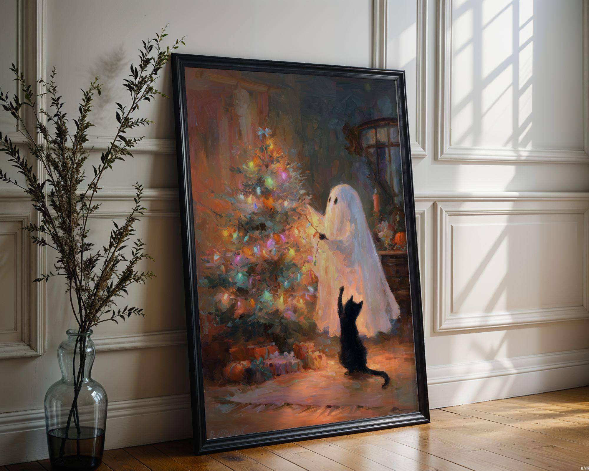 Ghost and Black Cat Christmas, Whimsical Black Cat Art, Funny Black Cat Poster, Whimsical Ghost Christmas Art, Vintage Ghost Christmas - view 3