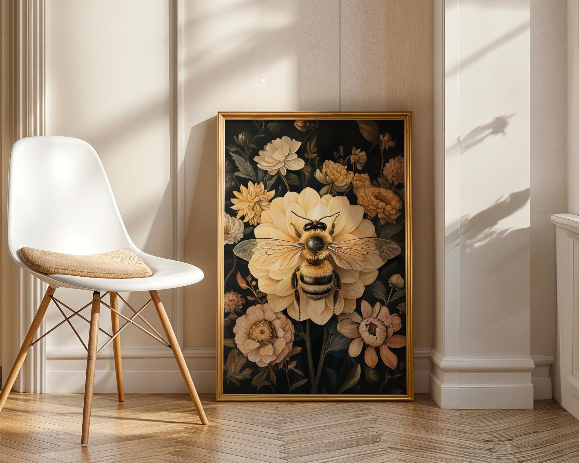 Vintage Bee and Floral Wall Art Print, Dark Botanical Garden Print, Cottagecore Bee Poster, Cottagecore Print, Digital Download, Vintage Bee - view 2