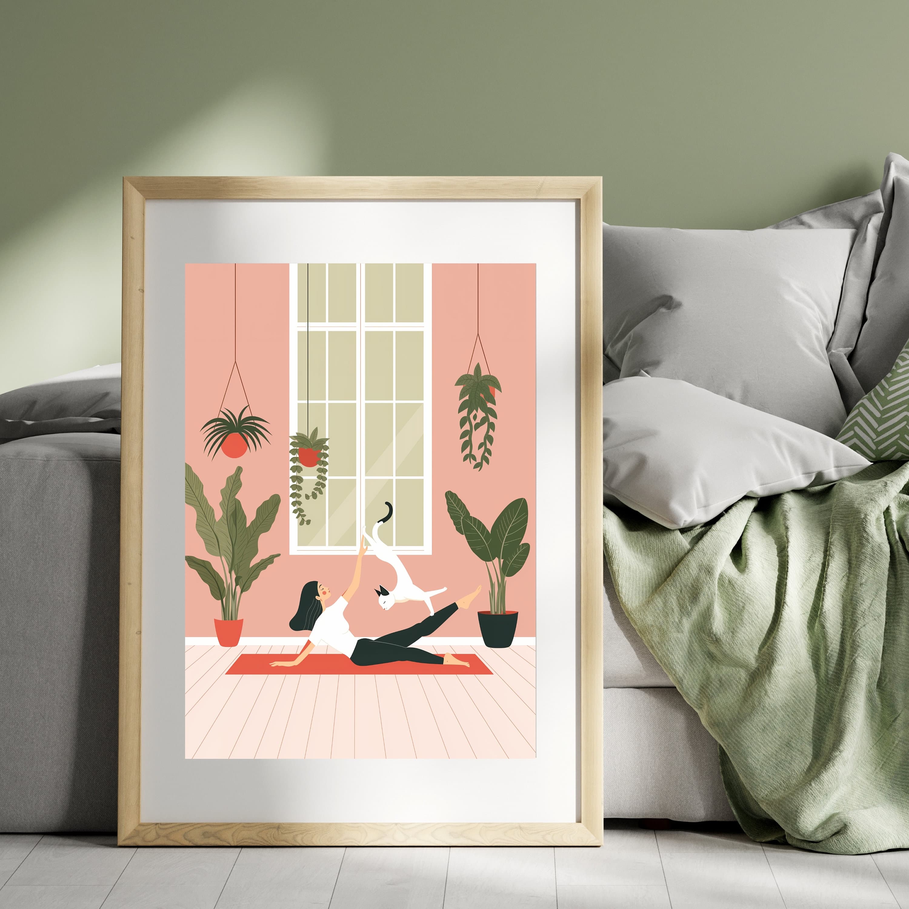 Yoga Cat and Woman Print, Cat Yoga Print, White Cat Art, Yoga Room Decor, Yoga Lover,Serene Yoga Meditation Art Print, International Cat Day - view 7