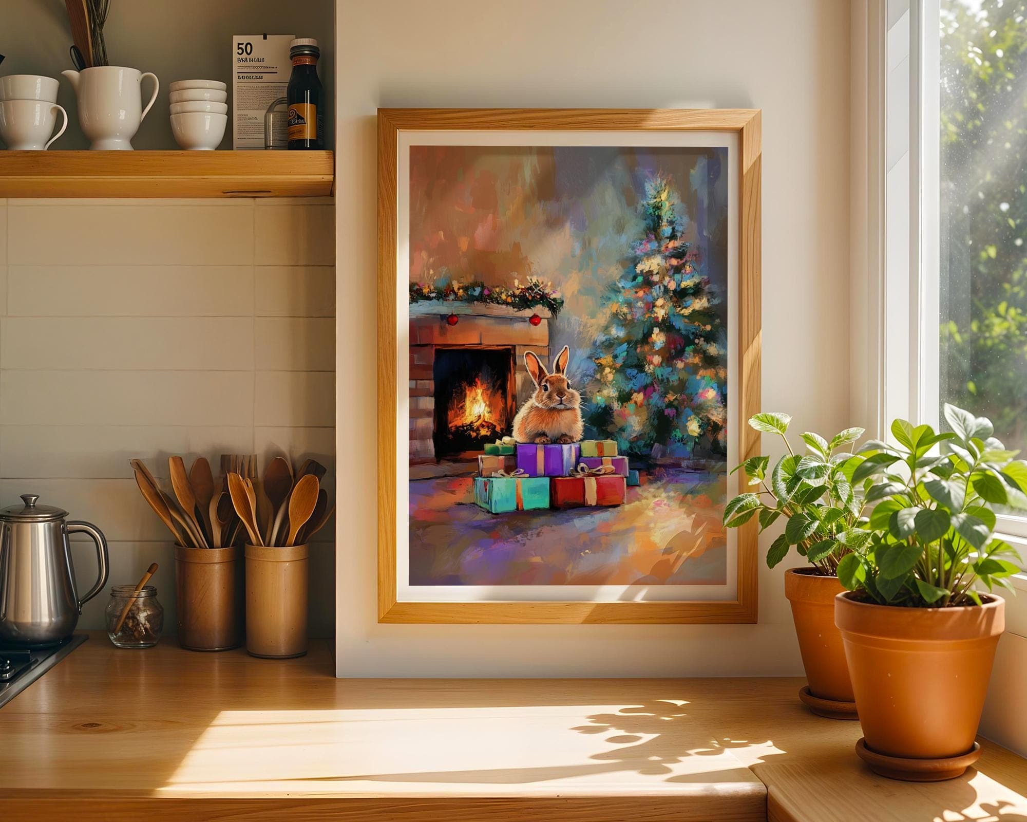 Cute Bunny Christmas Art, Festive Animal Art, Rabbit Christmas Art, Winter Home Decor, Cute Winter Art Print, Digital Bunny Christmas Art - view 7