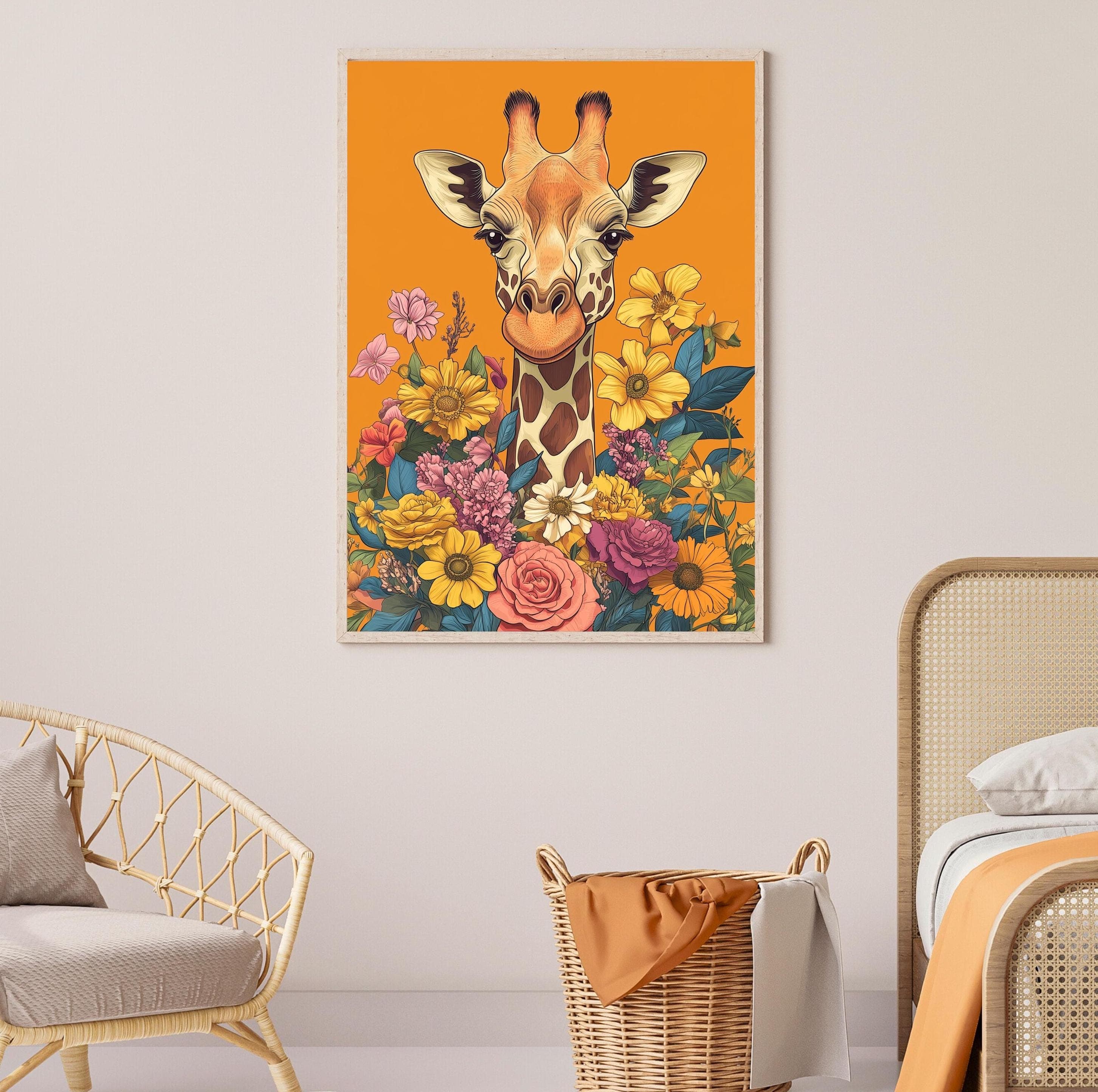 Printable Giraffe Wall Art, Eclectic Giraffe Art Print, Maximalist Home Decor, Giraffe Art, Botanical Giraffe Paint, Orange Giraffe Wall Art - view 6