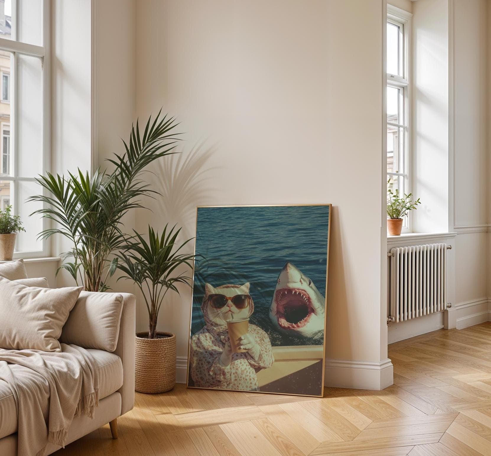Funny Cat and Shark Wall Art, Funny Animal Art, Quirky Art Print, Quirky Cat Poster, Maximalist Cat Wall Art, Humorous Poster, Digital Art - view 3