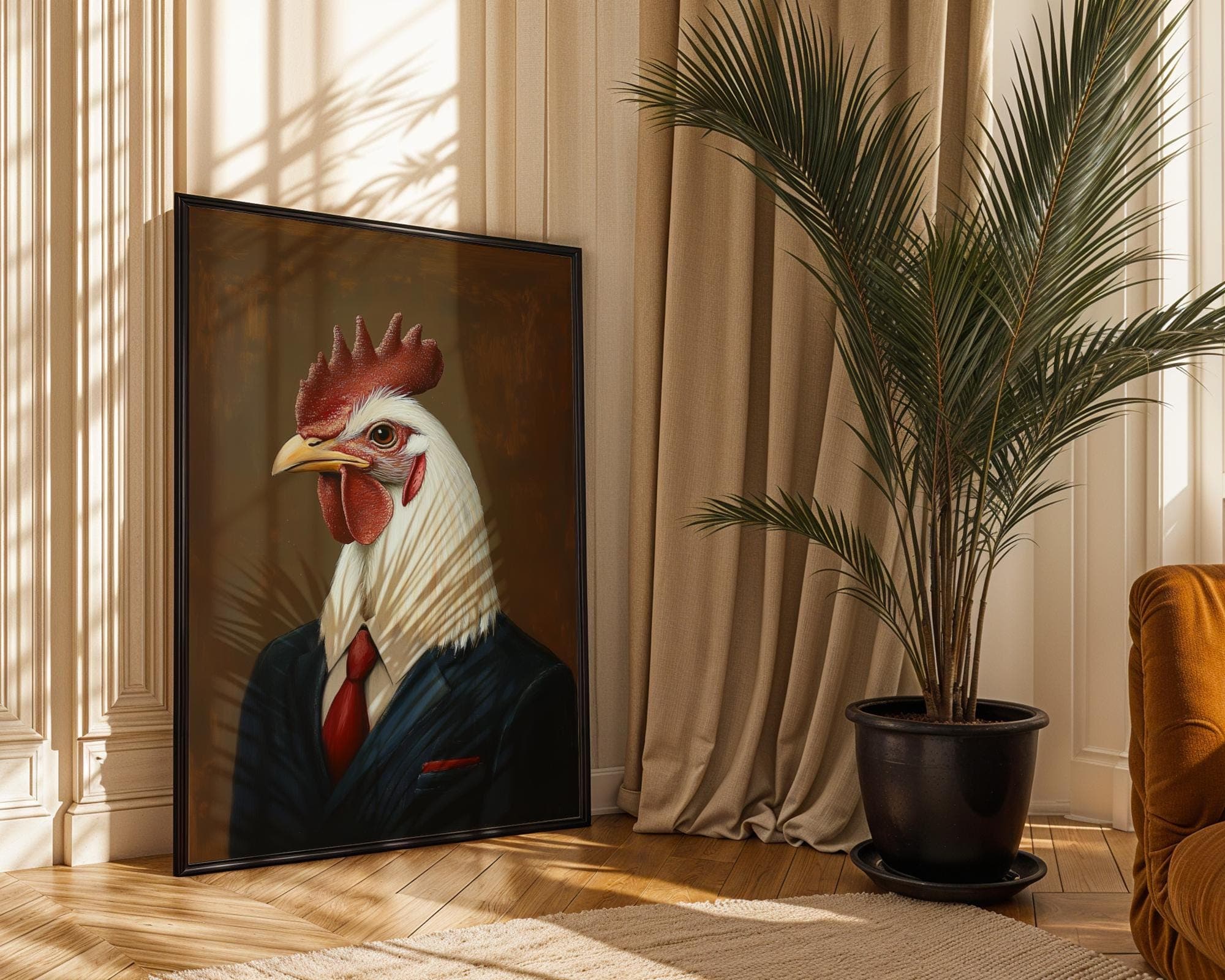 Funny Chicken Portrait, Rustic Digital Print, Quirky Farm Decor, Rooster Poster, Chicken Printable Wall Art, Brown Background Animal Print - view 3