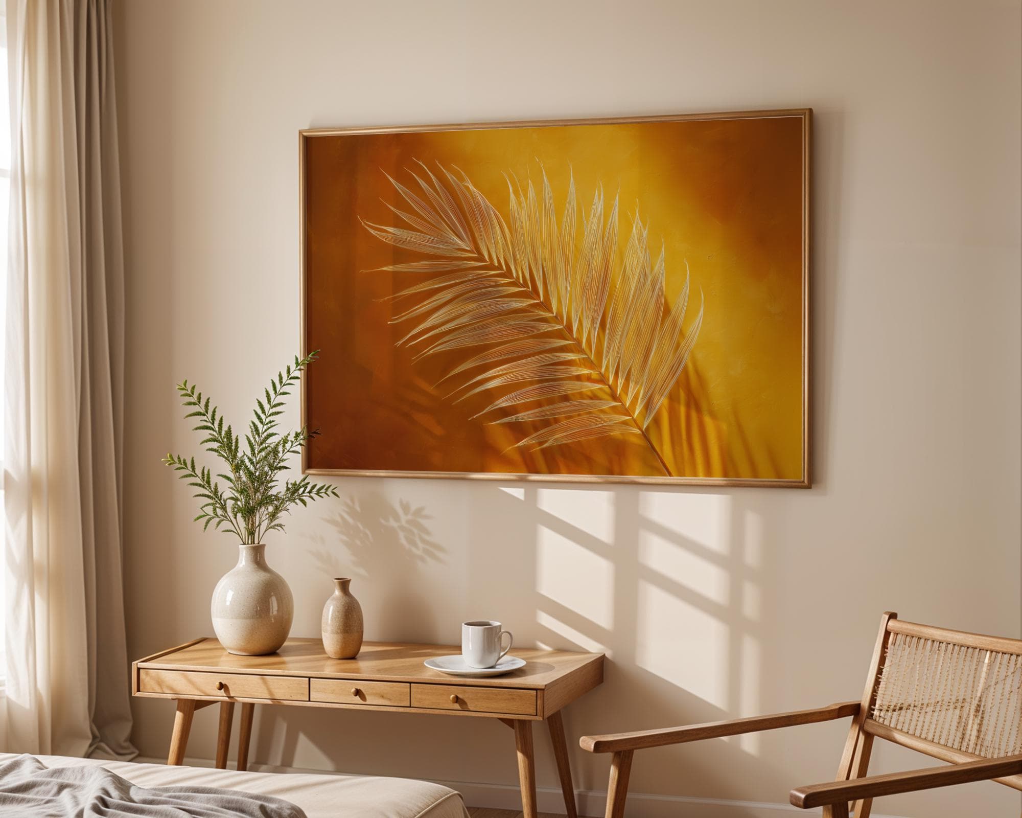 Golden Palm Leaf Wall Art, Warm Yellow Botanical Poster – Digital Palm Leaf Art, Boho Tropical Wall Art – Golden Botanical Print, Gold Leaf - view 2