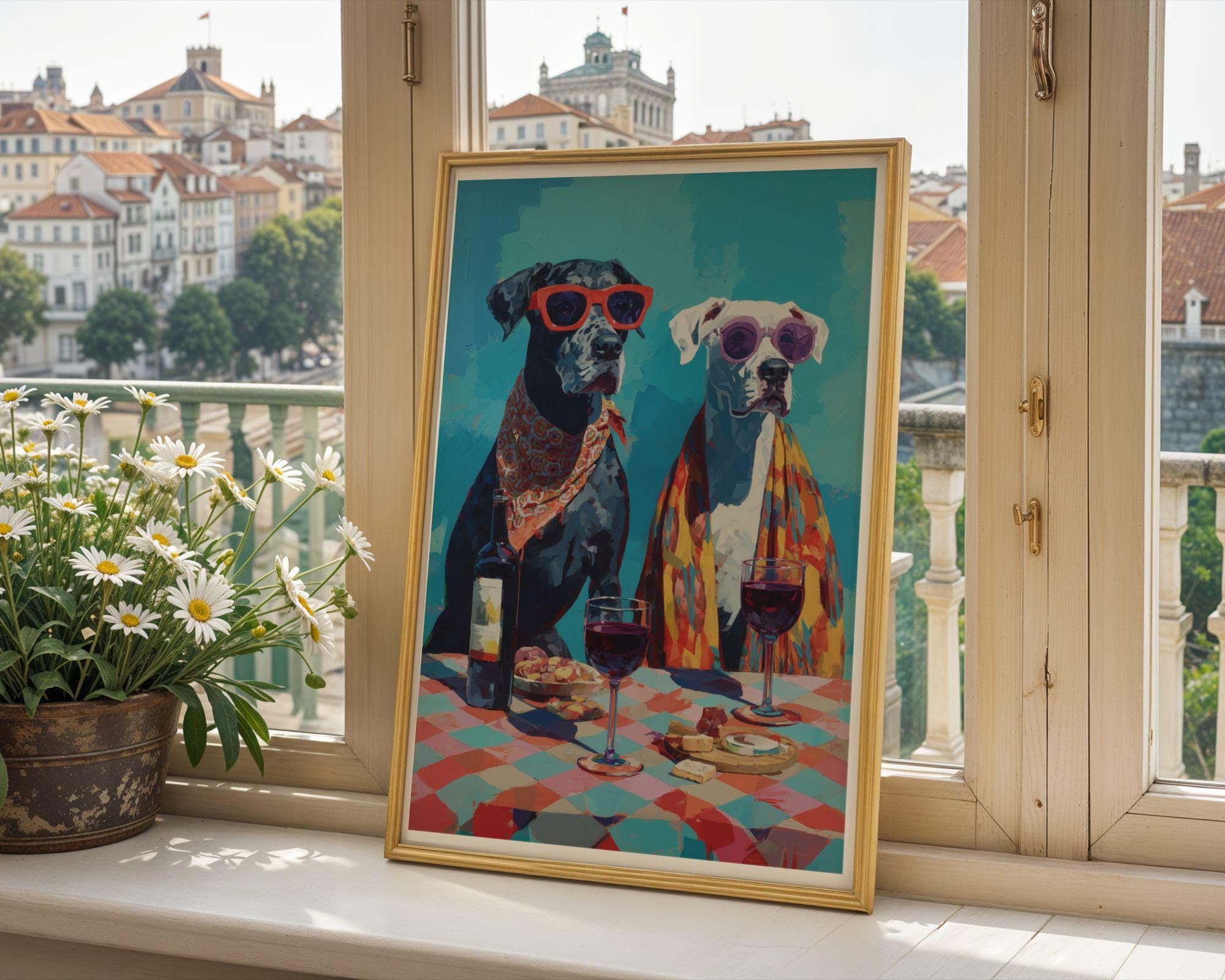 Funny Dog Couple Wall Art, Wine Lover Dog Print, Whimsical Animal Painting, Colorful Pet Portrait Kitchen Dining Room Decor, Wine Lover Gift - view 7