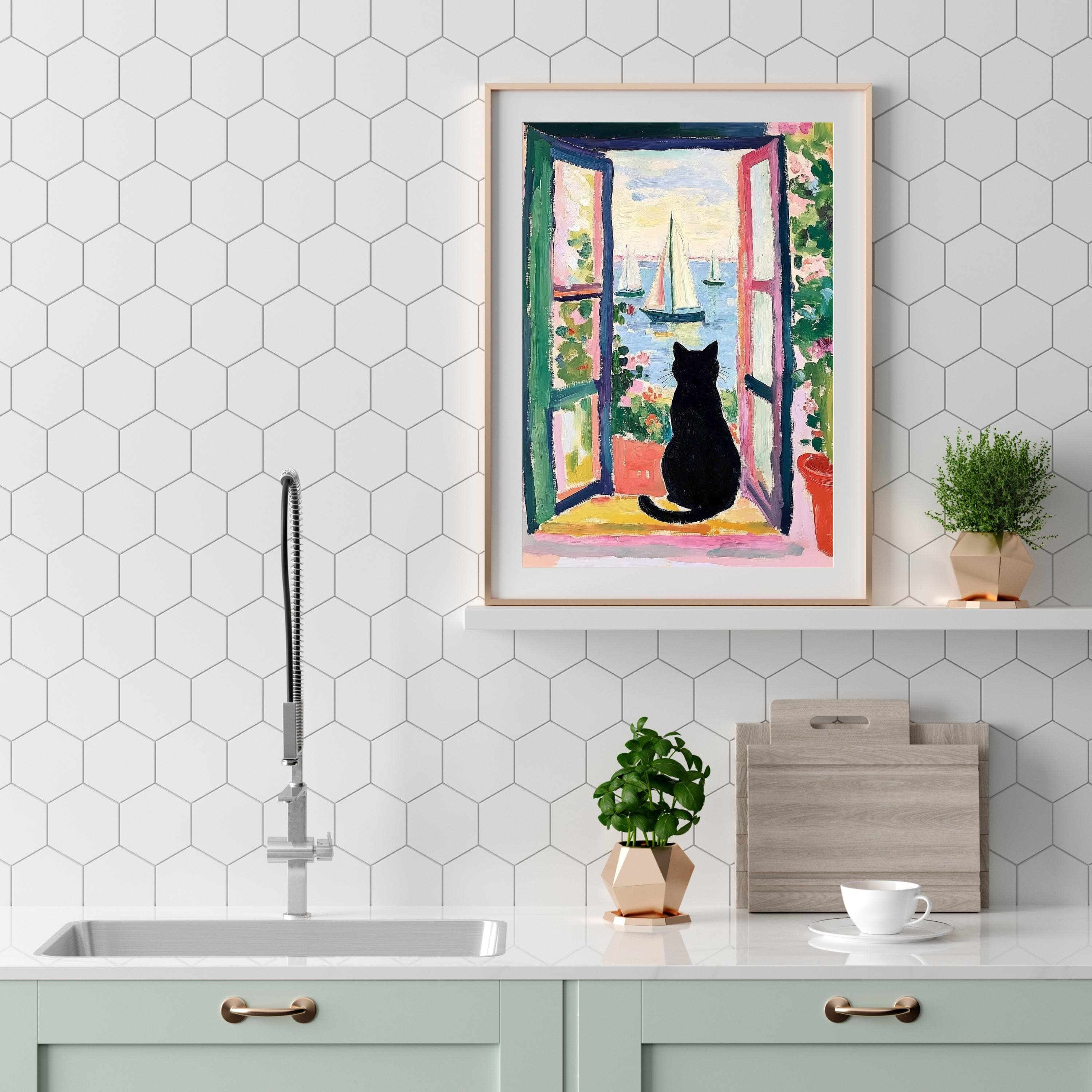 Black Cat by the Sea Poster, Colorful Oil Painting Print, Colorful Wall Decor, Matisse Oil Painting Poster, Whimsical Cat & Sailboats Art - view 6