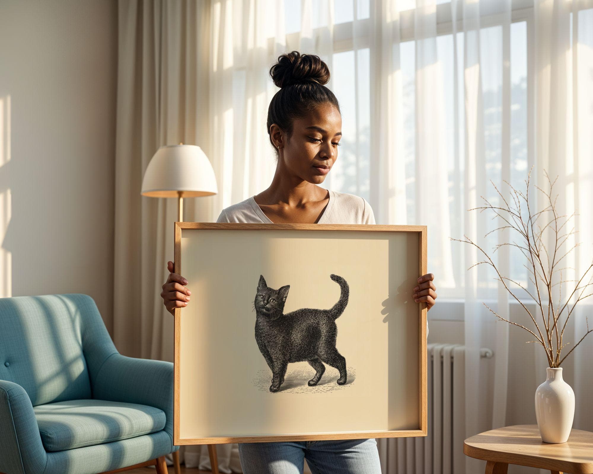 Black Cat Vintage Print, Neutral Home Decor, Beige Poster, Cat Lover Gift, Classic Cat Wall Poster, Classic Animal Art Poster, Digital Art - view 3