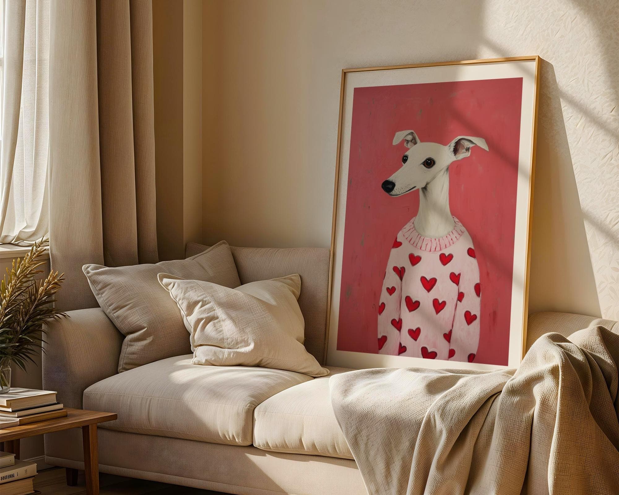 Whippet Dog Art, Pink Dog Wall Art, Digital Whippet Portrait, Whippet Poster for Pet Lovers, Funny Dog Printable, Dog Valentine Poster - view 2