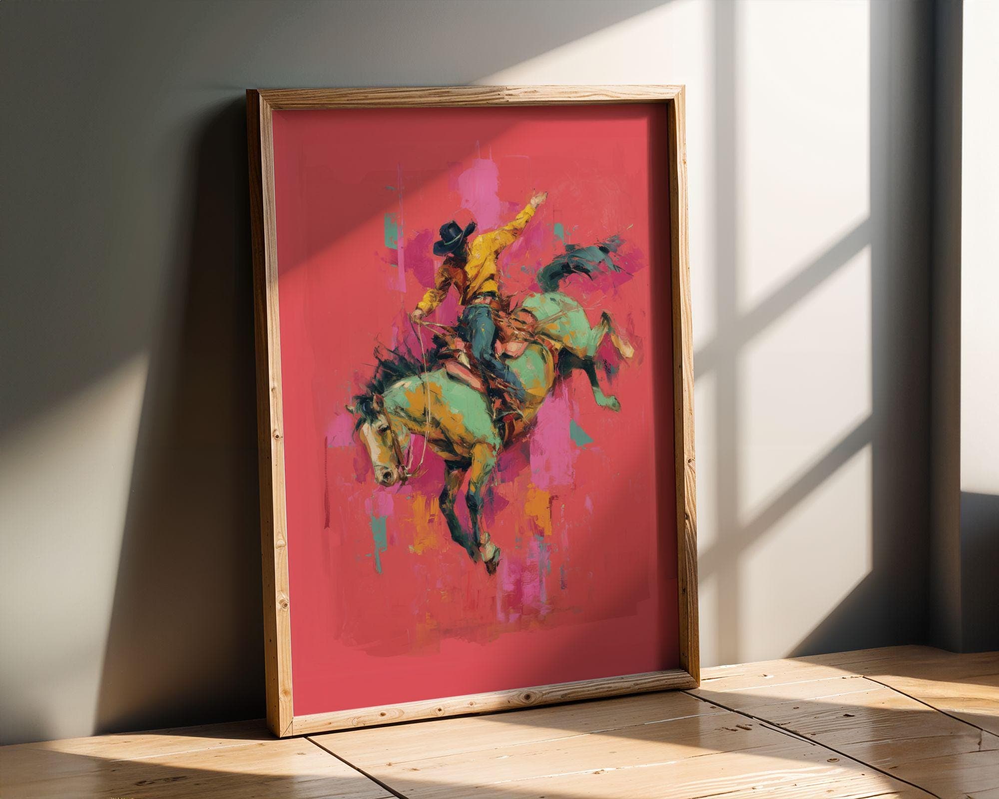 Bucking Bronco Cowboy Wall Art ā Abstract Horse Print, Neon Western Decor, Vibrant Rodeo Art, Abstract Cowboy Decor, Pink Aesthetic Decor - view 4