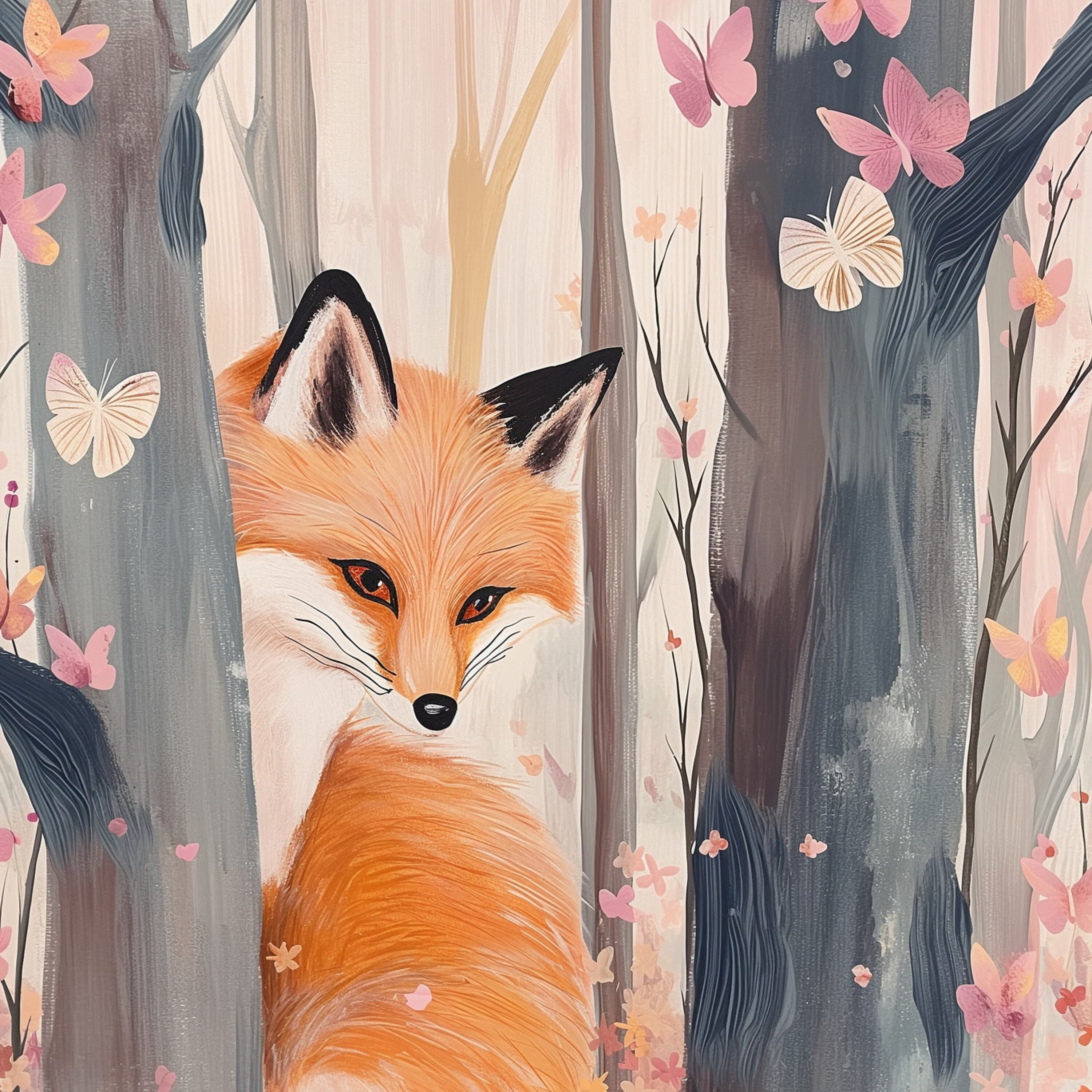 Whimsical Fox Poster, Oil Painting, Colorful Digital Fox and Butterflies Oil Painting, Colorful Fox Print, Butterfly and Fox Art, Fox Decor - view 2