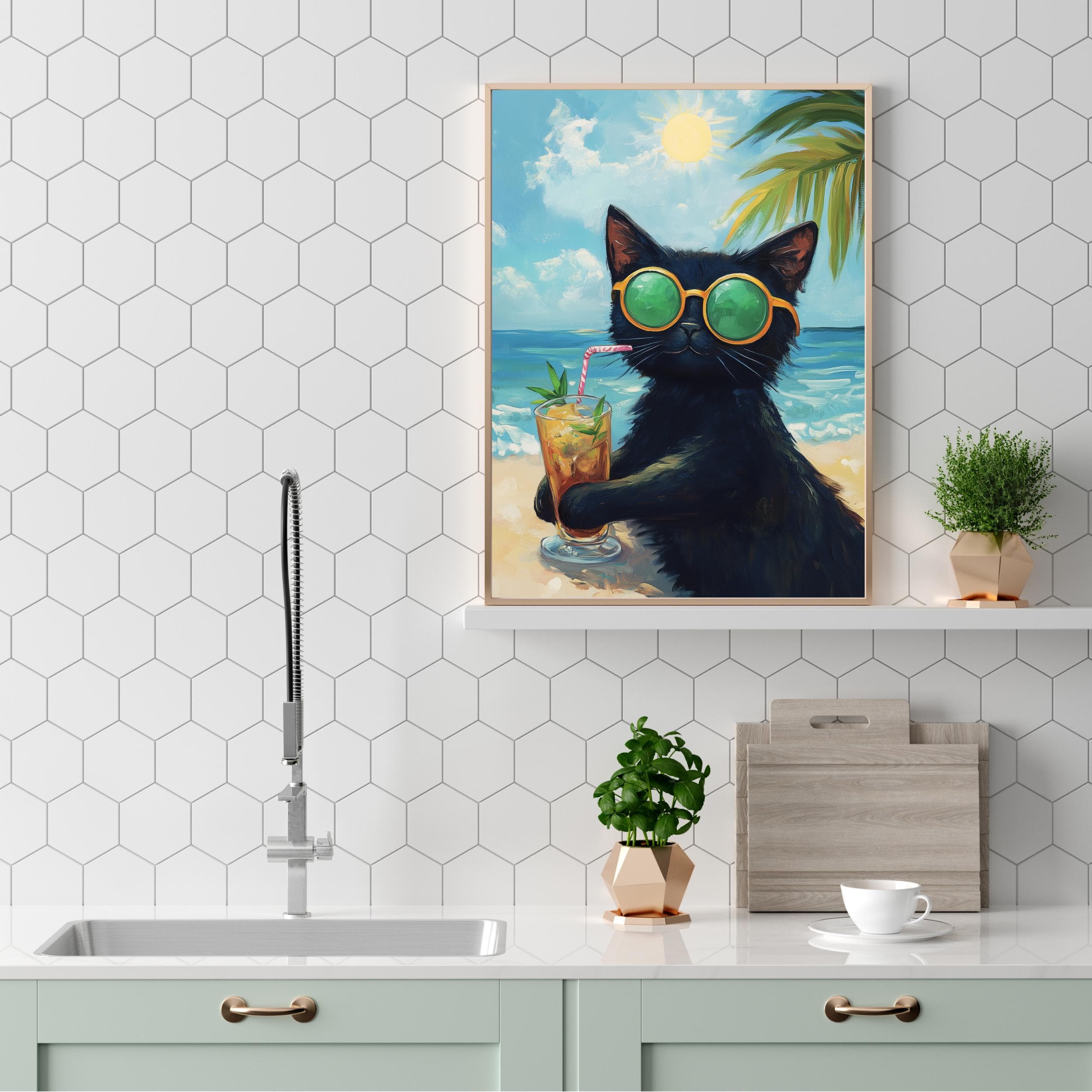 Sunbathing Cat Art Print, Black Cat Digital Poster, Black Cat Oil Painting, Summer Vibes Art Print, Matisse Cat Print, Summer Beach Cat Art - view 5