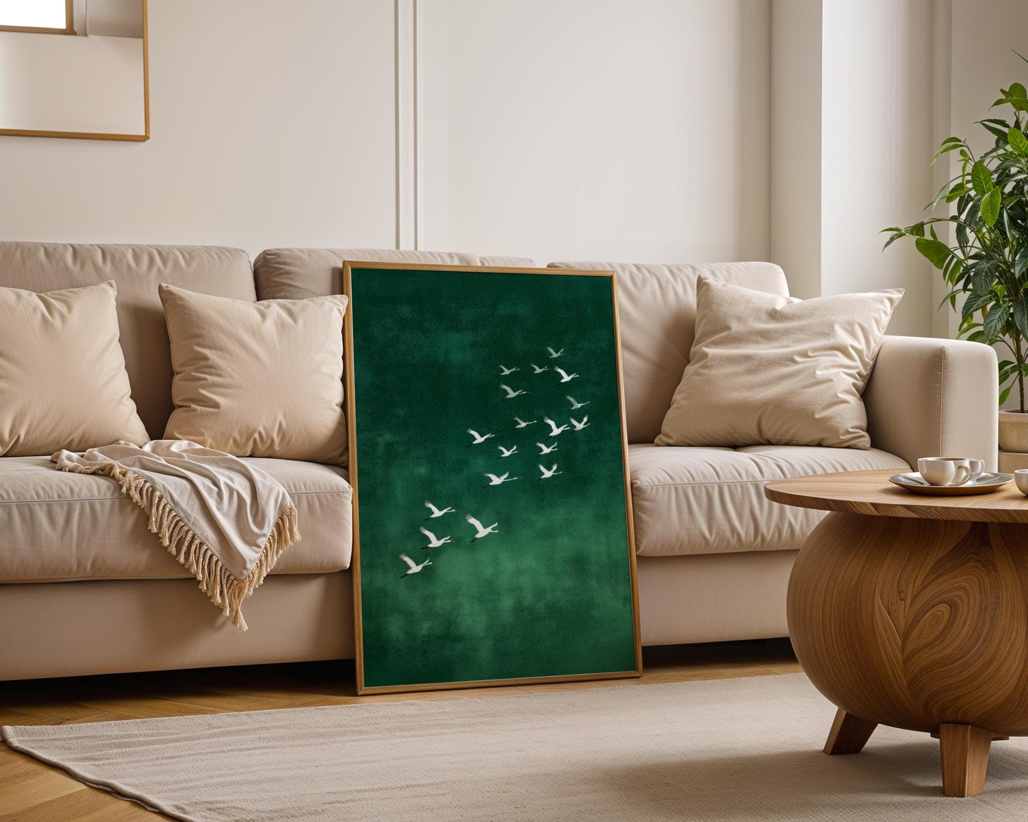 Minimalist White Crane Wall Art | Japandi Crane Print on Emareld Green Background, Minimalist Bird Wall Art, Tranquil Bird Print, Crane Art - view 3